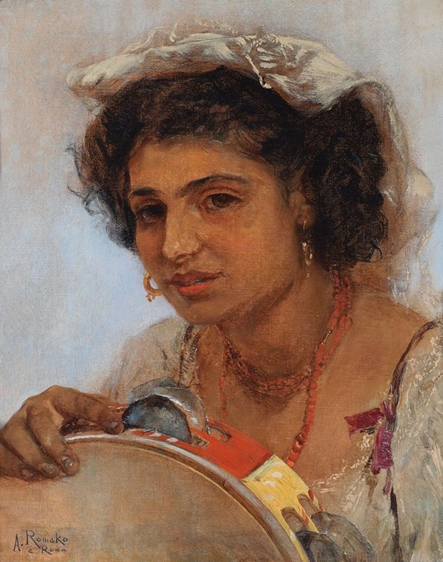 Italienisches Mädchen mit Kopftuch und Tamburin by Anton Romako