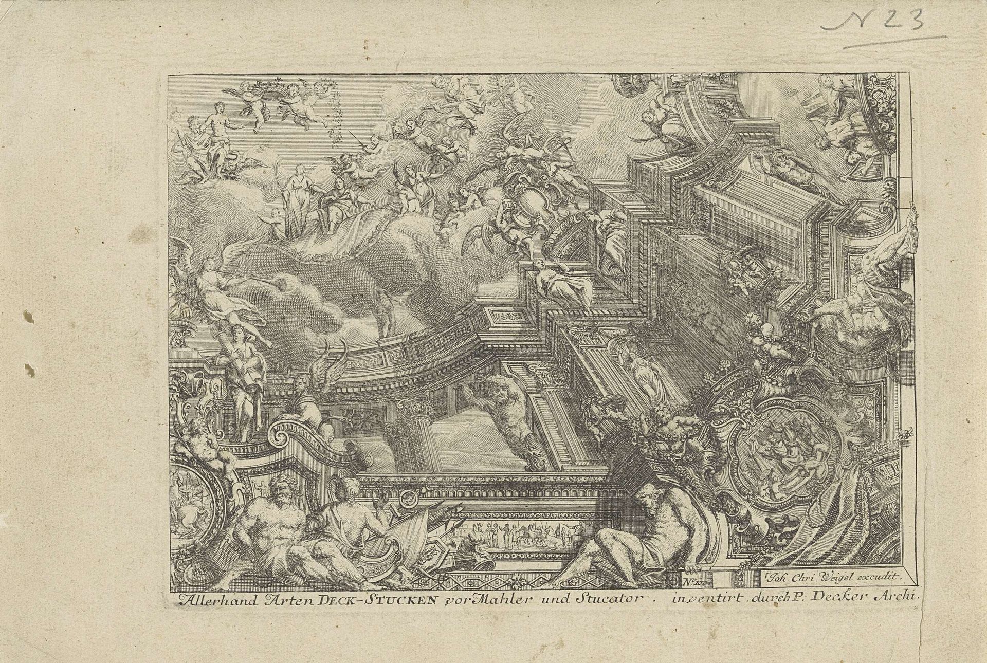Plafondschildering met Olympische goden rond een klassiek gebouw by Lorenz Beger
