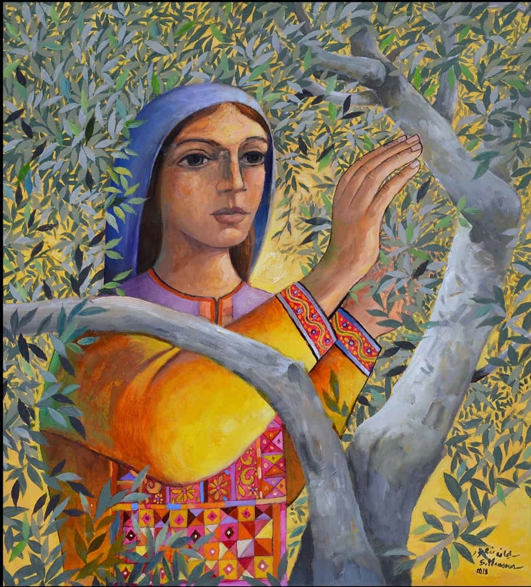 Woman Picking Olives by Sliman Mansour