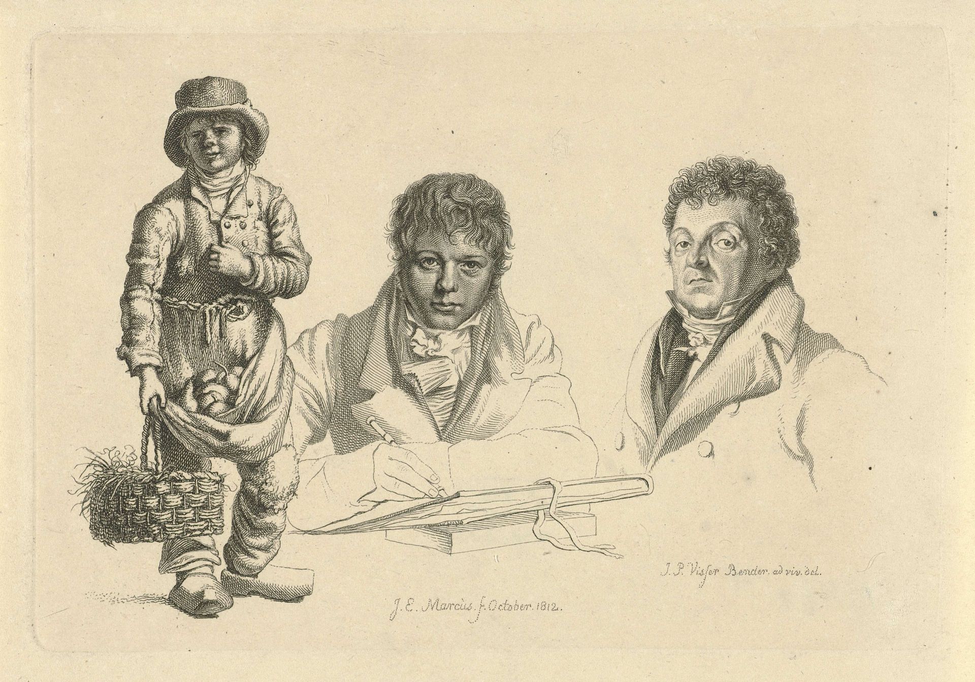 Portretten van J.P. Visser Bender en P.Pz. Barbiers naast een jongen by Jacob Ernst Marcus