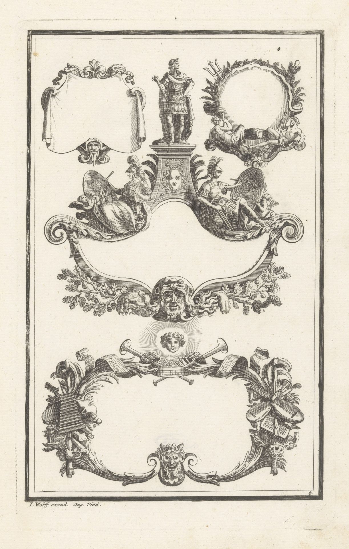 Omlijstingen met schilderende figuren en muziekinstrumenten by Johann Christoph Hafner