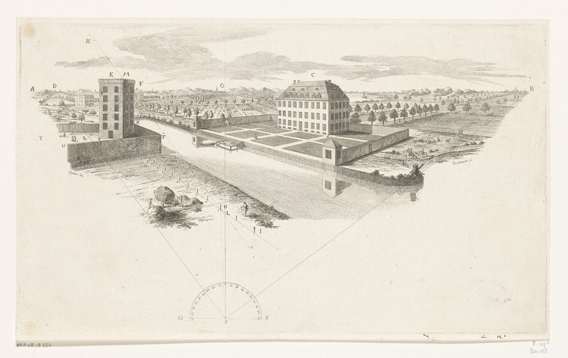 Gebouwen in een landschap met lijnperspectief by Daniel Nikolaus Chodowiecki