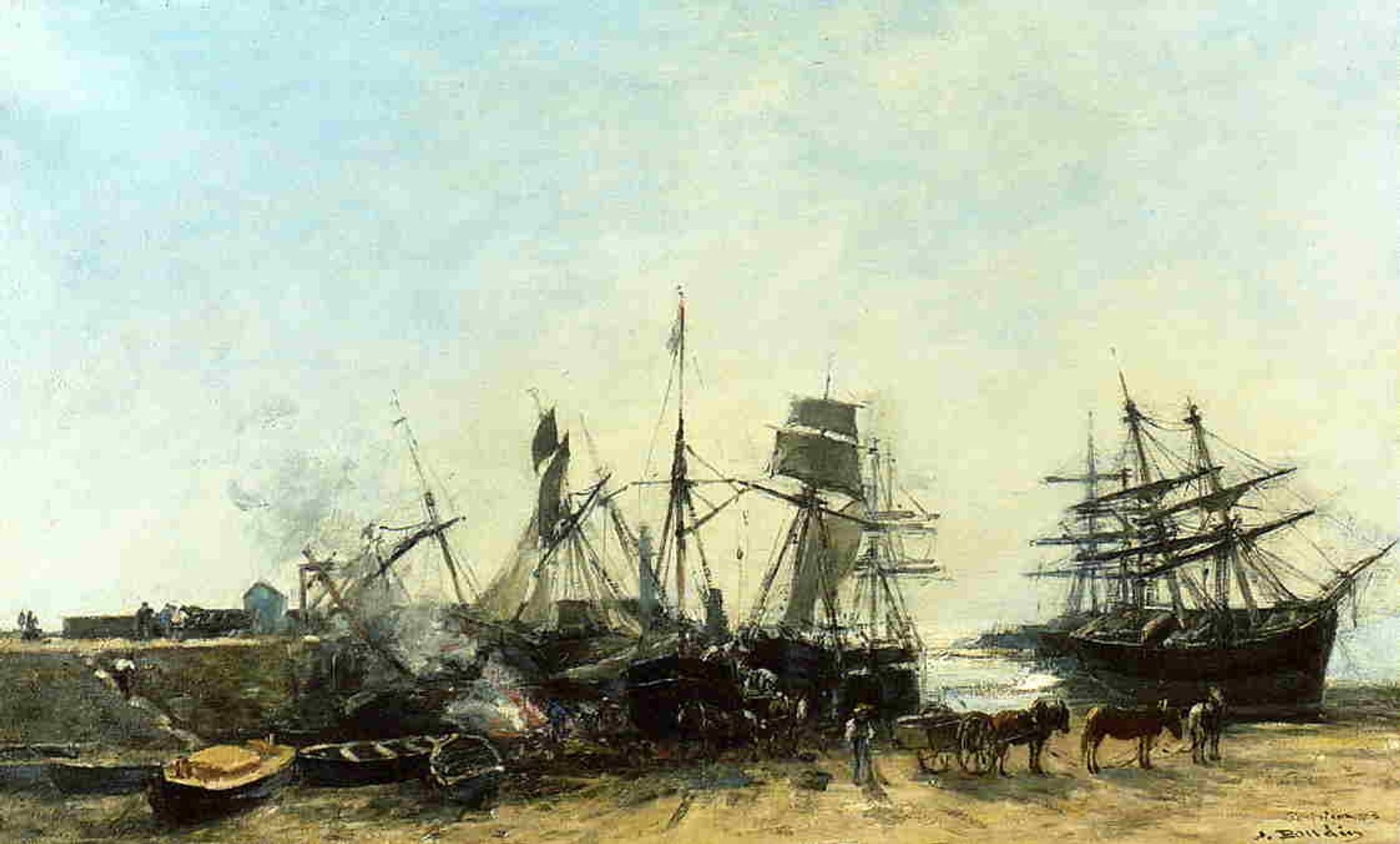 The port Portrieux at low tide unloading fish by Eugène Boudin