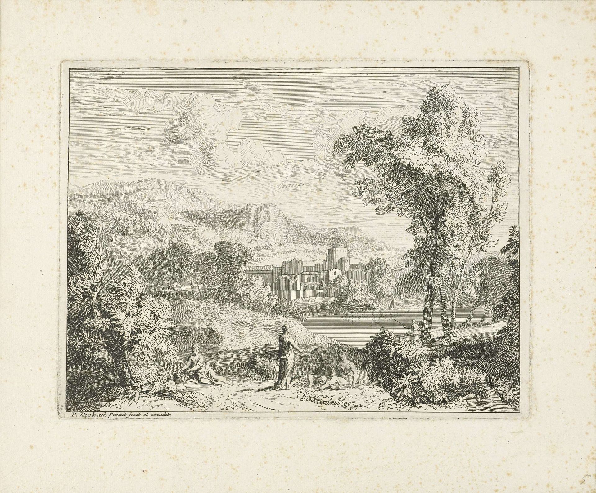 Diverse figuren bij een rivier by Pieter Rijsbraeck