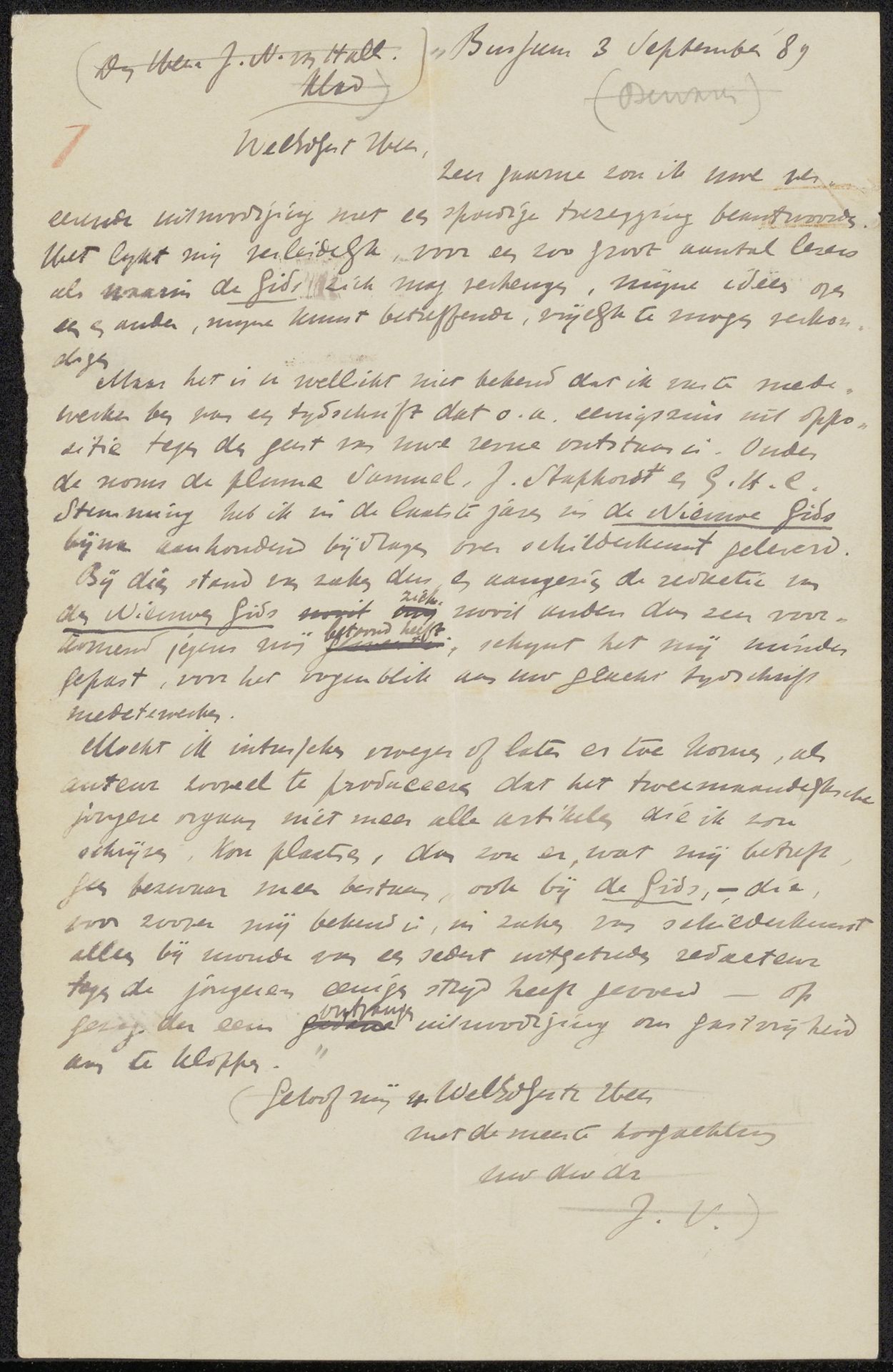 Brief aan Jacob Nicolaas van Hall by Jan Veth