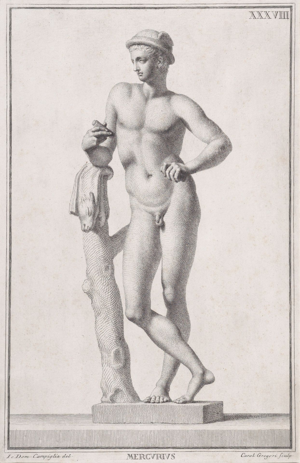 Plate XXXVIII (38): Mercury, from "Museum Florentinum" (Statuae antiquae dorum et virorum illustrium) by Carlo Gregori
