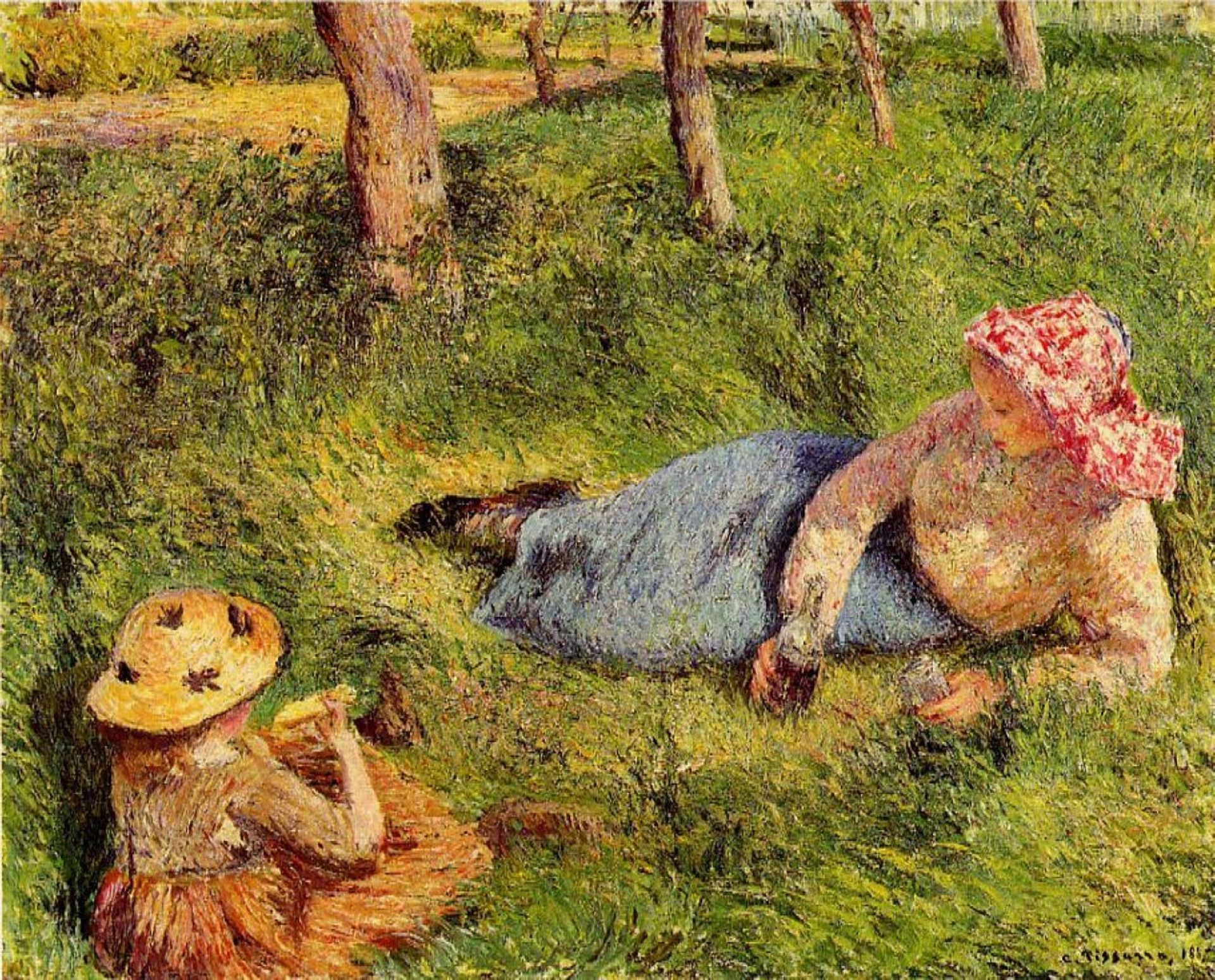 The Snack, Child and Young peasant at Rest by Camille Pissarro