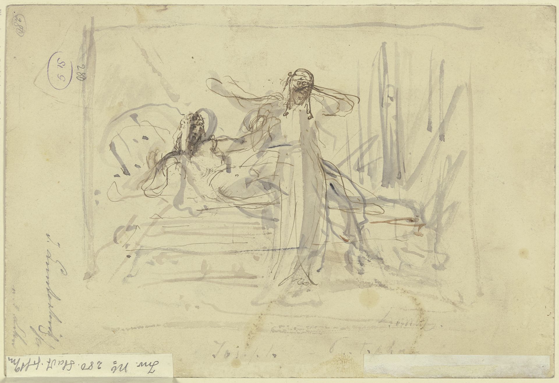 Zwei Frauen, eine stehend, die andere hinter auf einem Bett liegend by Jules Lunteschütz