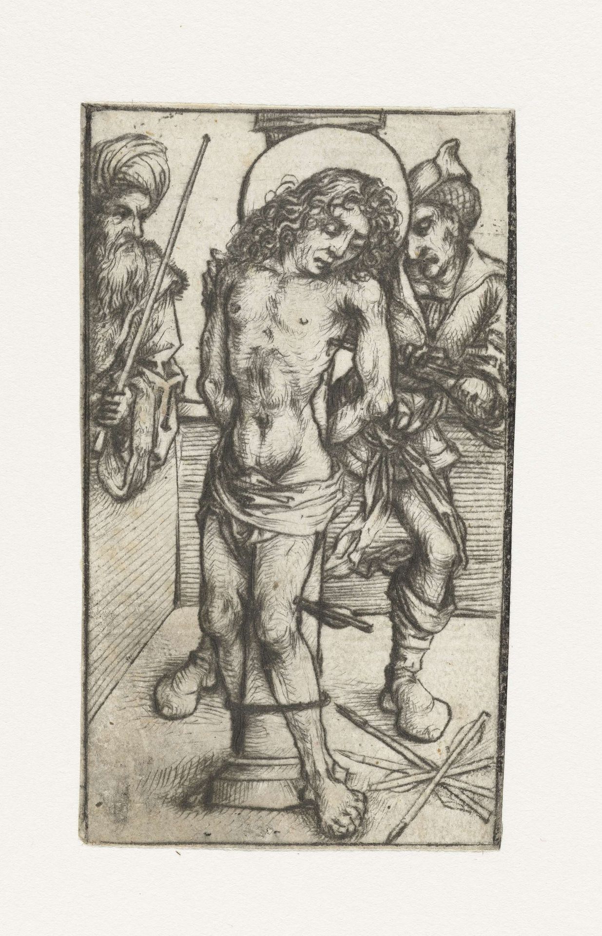 Heilige Sebastiaan aan de geselpaal, met rechter en  beulsknecht by Meester van het Amsterdamse Kabinet