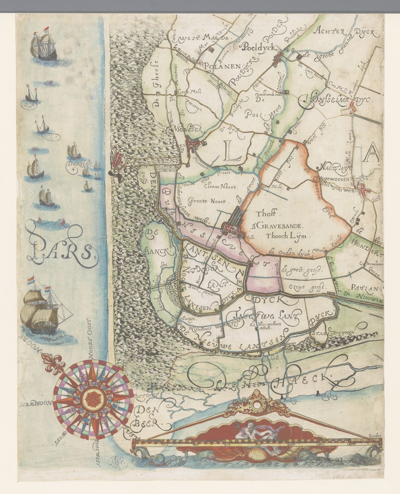Kaart van het Hoogheemraadschap van Delfland, met 's-Gravenzande en omgeving, deel linksonder by Floris Balthasarsz van Berckenrode
