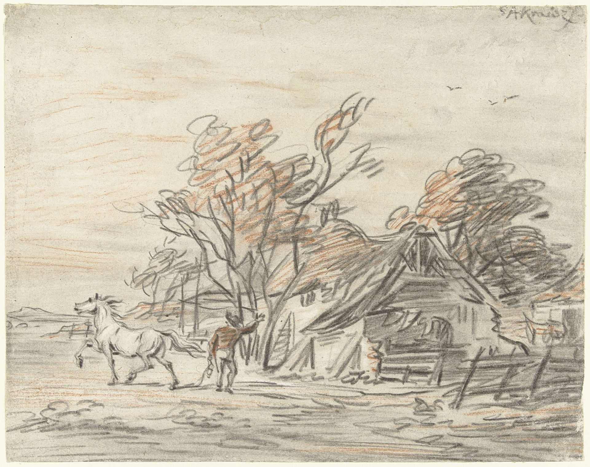Boerenwoning waarbij een boer zijn paard dresseert by Simon Andreas Krausz