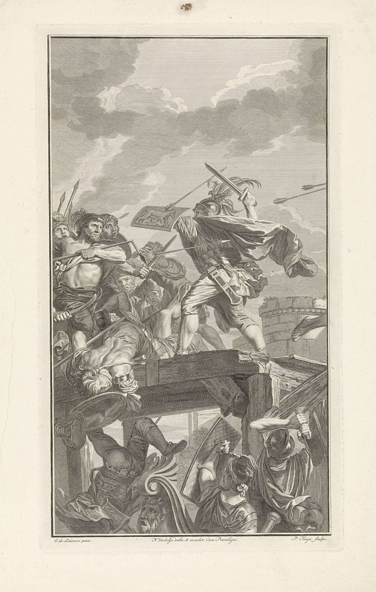 Horatius Cocles verdedigt zich op de brug by Pieter Tanjé