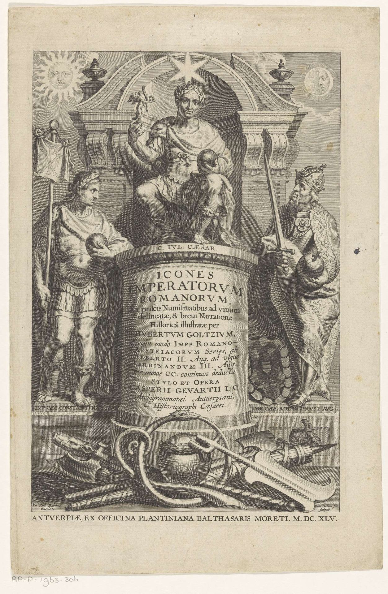 Julius Caesar tronend op een piëdestal by Cornelis Galle I