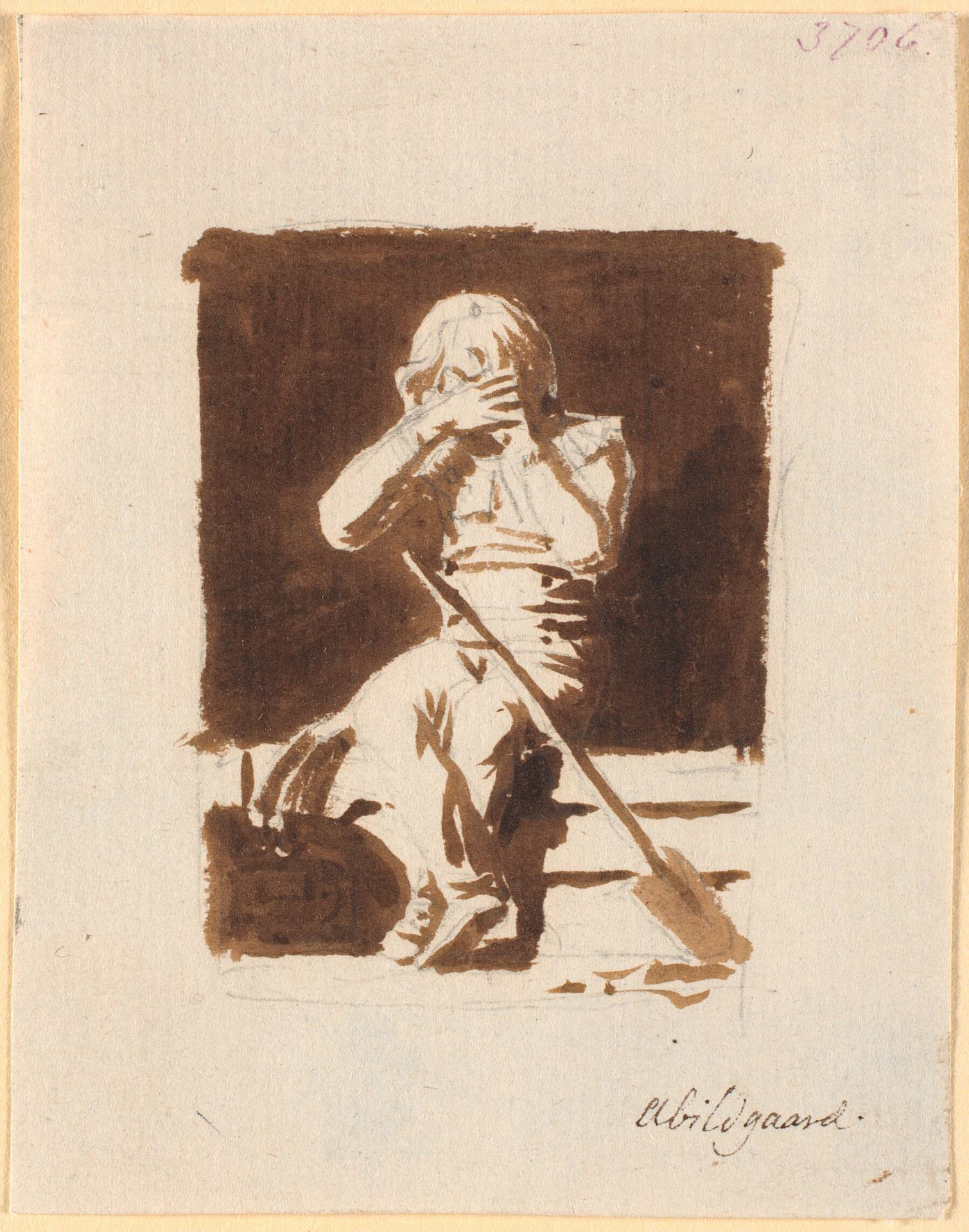 En lille grædende dreng, der sidder med en spade eller en åre, på kanten af en båd (?) by Nicolai Abildgaard