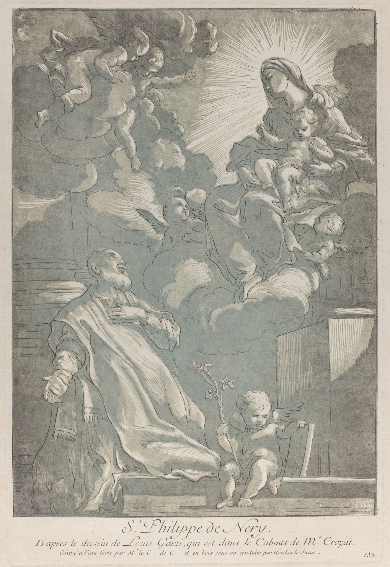 Saint Philip Neri, kneeling at left, with the Virgin and child appearing at upper right by Nicolas Le Sueur