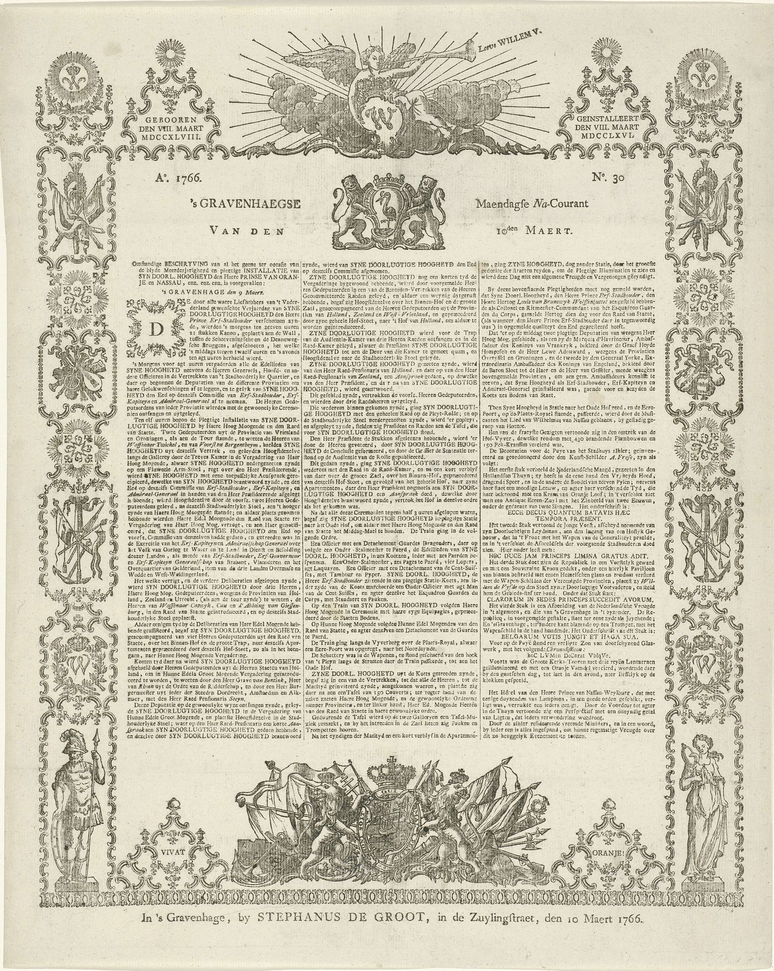 's Gravenhaegse Maendagse Na-Courant van 10 maart 1766 over de installatie van Willem V als erfstadhouder by Stephanus de Groot