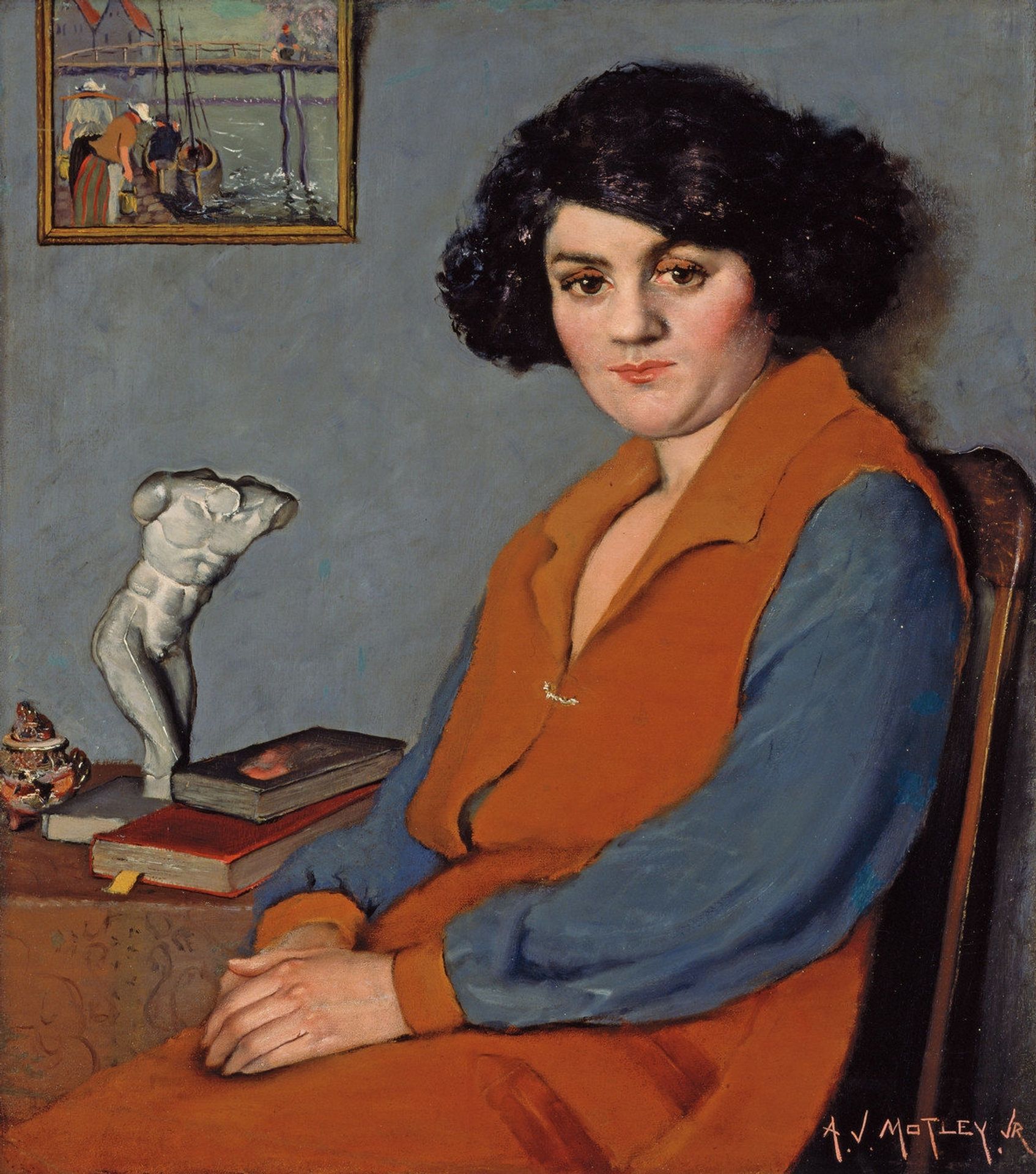 Mulatress with Figurine and Dutch Seascape, by Archibald Motley