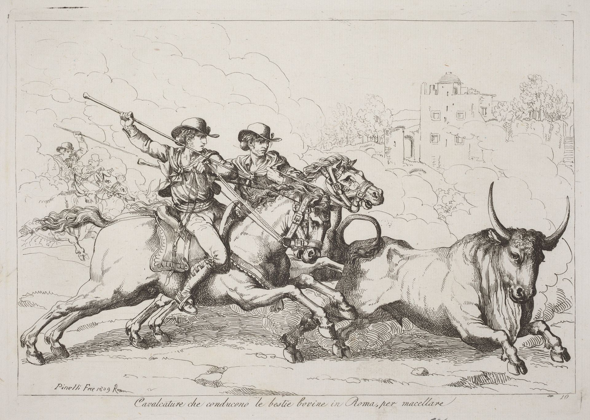 Cavalcature che conducono le bestie bovine in Roma, per macellare (Cattle Driven to the Slaughter in Rome) (Plate 16) by Bartolomeo Pinelli