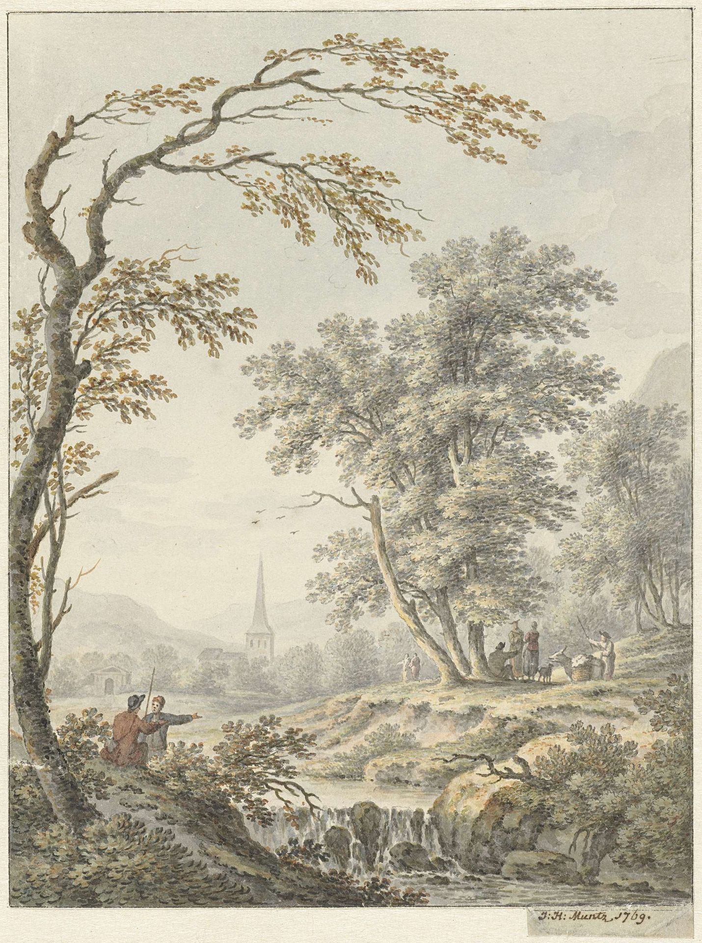 Landschap met waterval en in de verte een kerk by Johann Heinrich Müntz