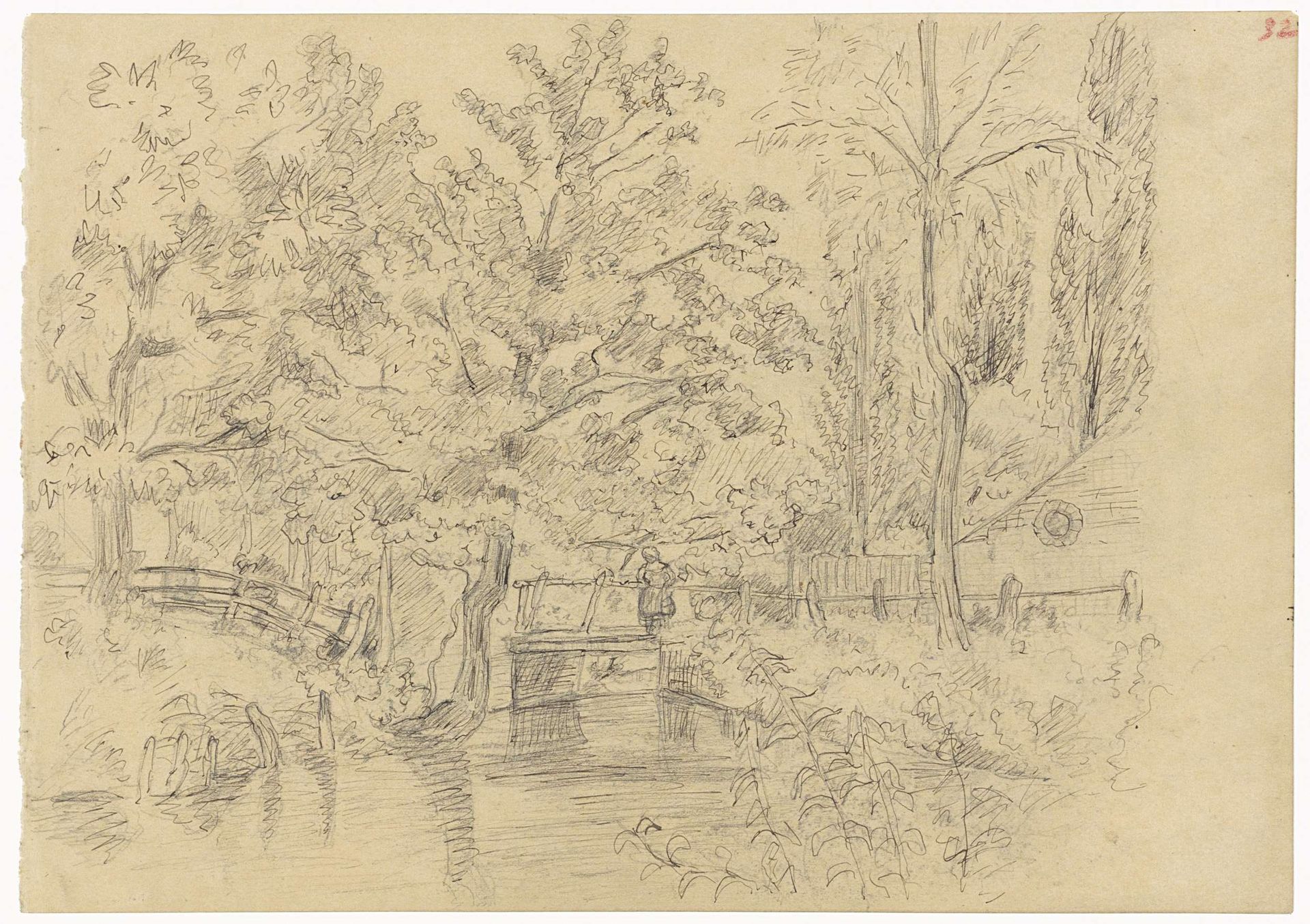 Beek met bruggetje tussen bomen by Jozef Israëls