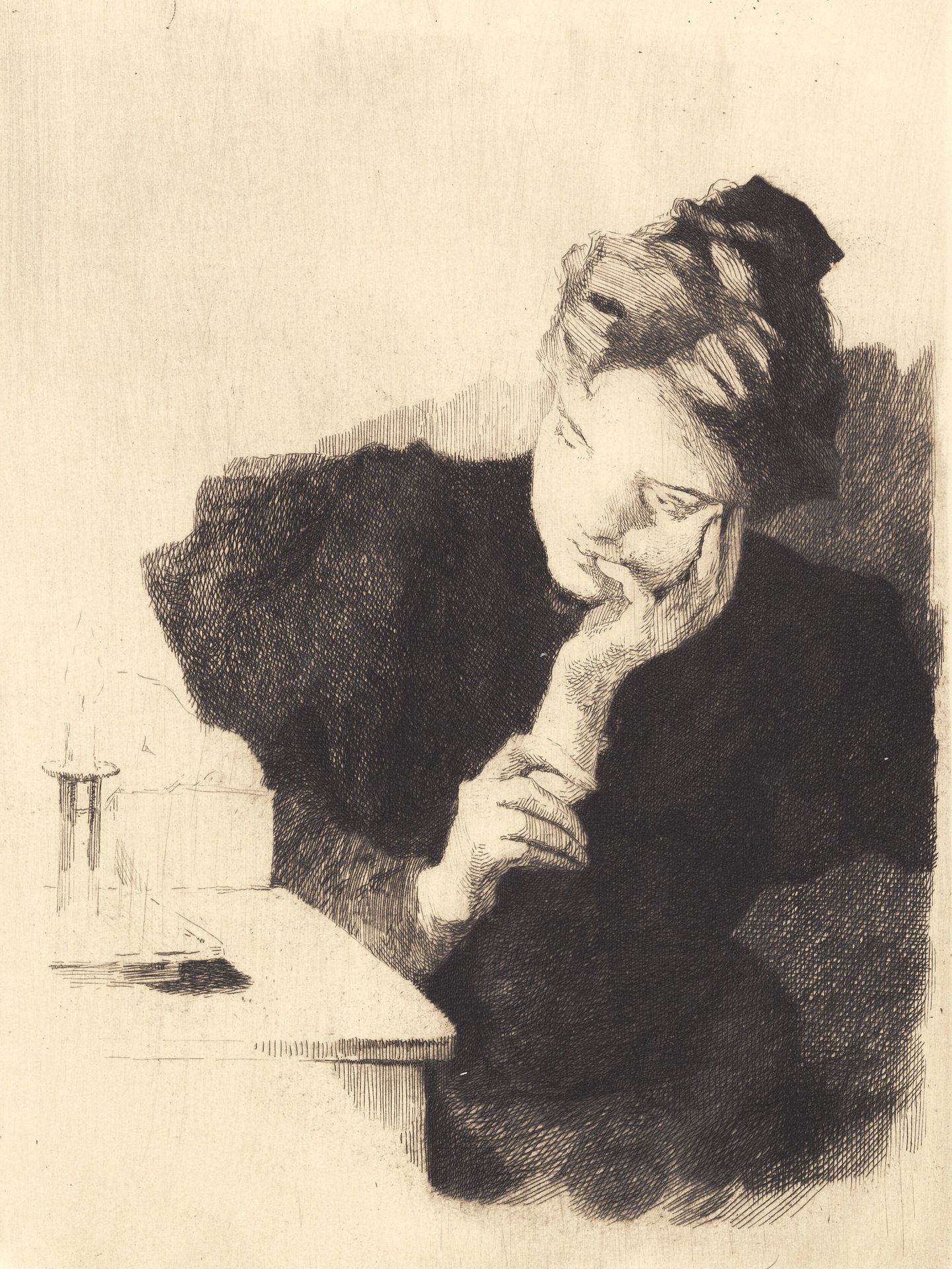 Ung pige ved lyset, med hånden støttende under kinden by Frans Schwartz