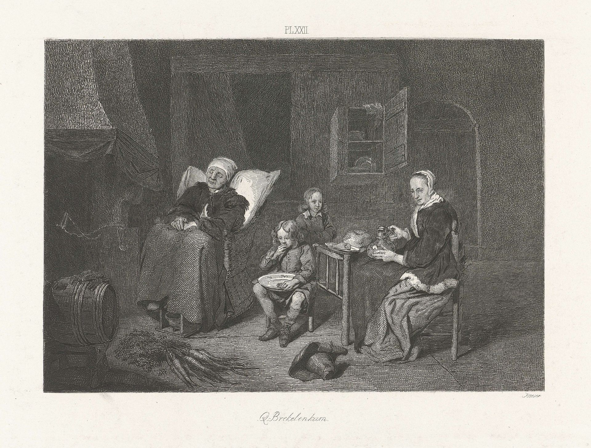 Interieur met slapende vrouw voor een schouw by Johann Wilhelm (I) Kaiser