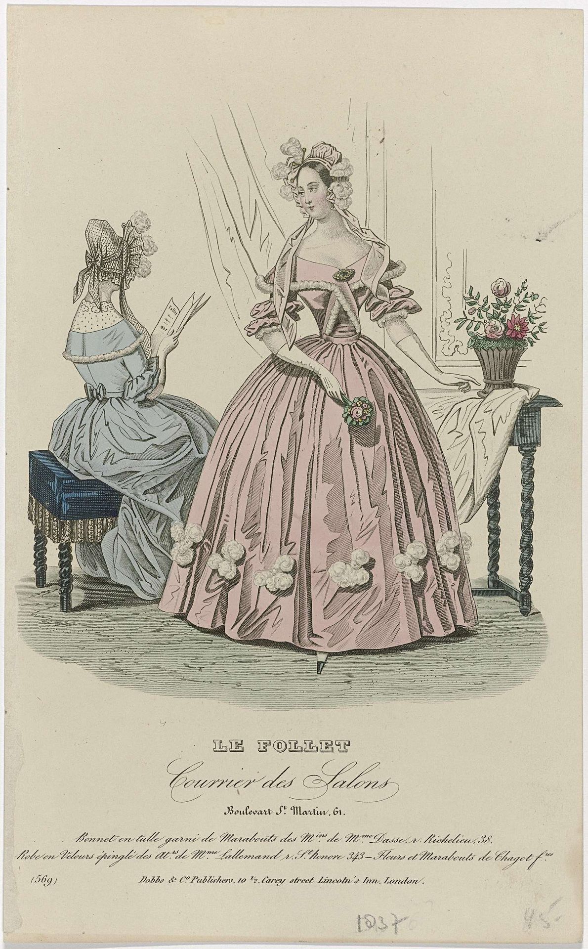 Le Follet Courrier des Salons, 1837, No. 569: Bonnet en tule garni de Marabouts (...) by Anonymous