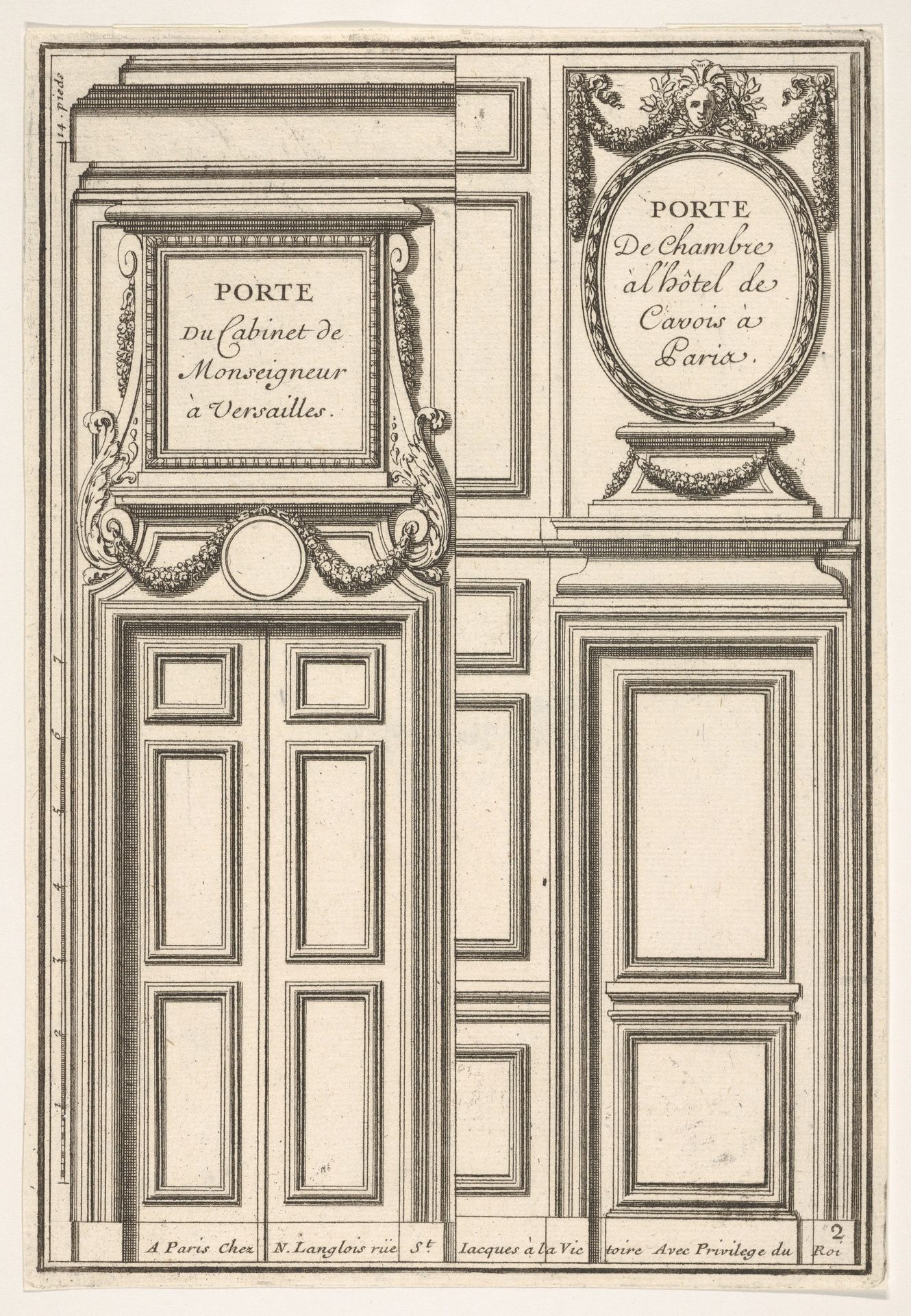 Two Designs for Doors, one at Versailles and one at the Hotel Cavois in Paris, plate II from the Series 'Portes a Placard et Lambris', published as part of 'L'Architecture à la Mode' by Jean Le Pautre