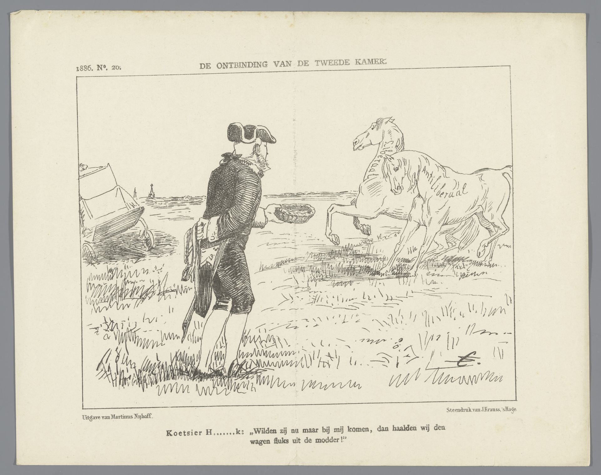 Spotprent met minister Heemskerk als koetsier, 1886 by Johan Michaël Schmidt Crans