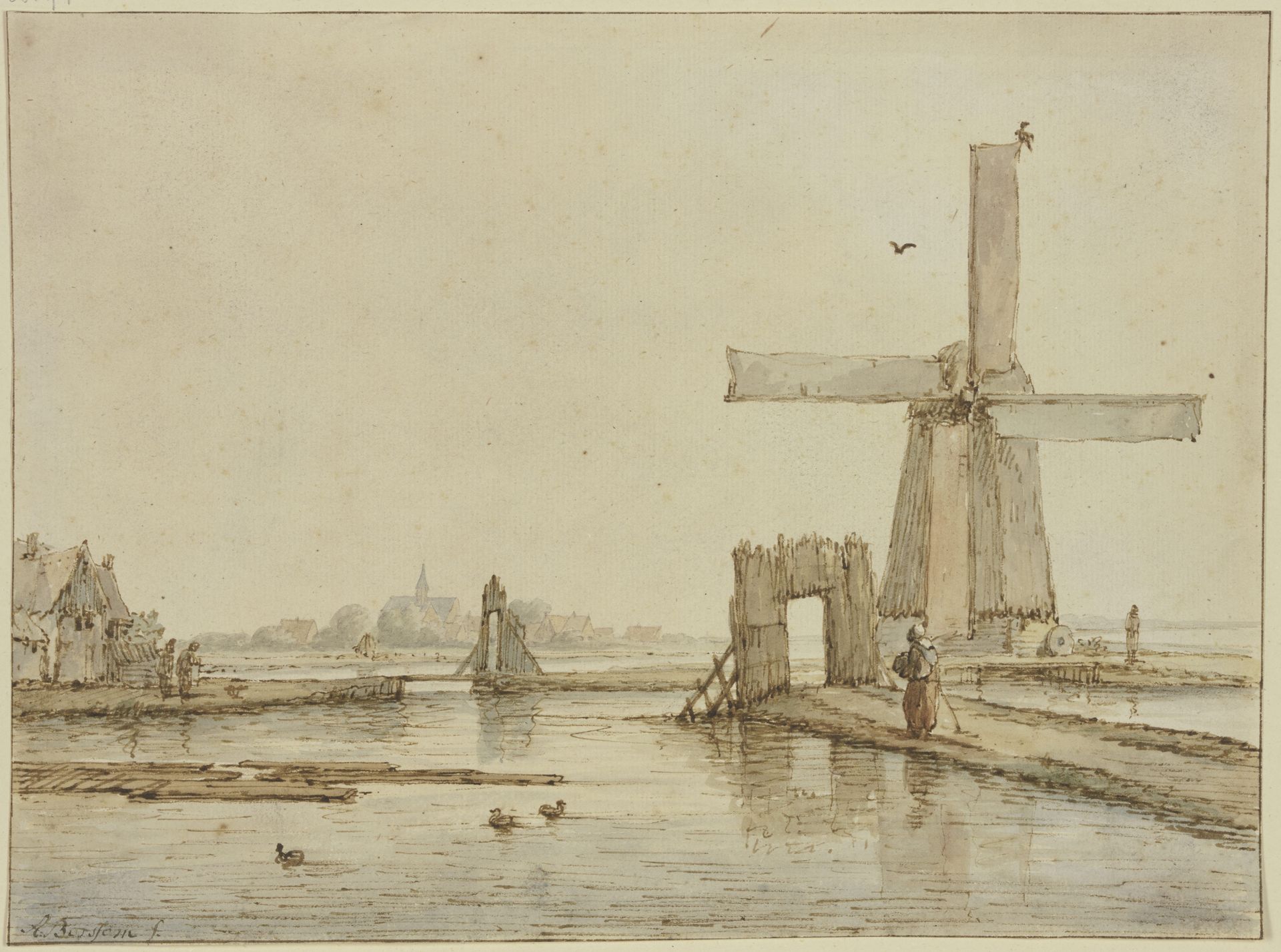 Windmühle auf einem schmalen Damm, vorne drei Enten by Anthonie van Borssom