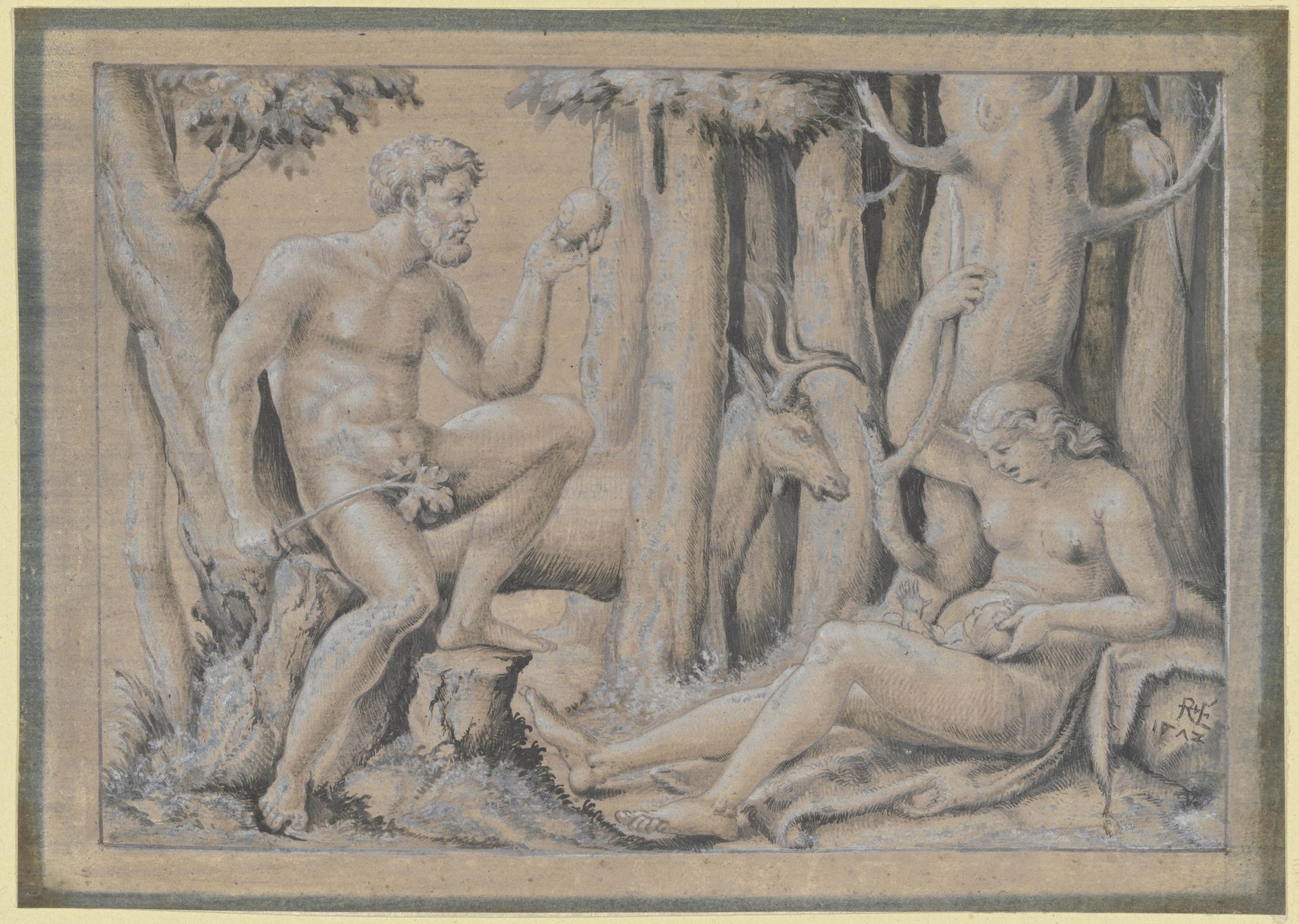 Adam und Eva mit ihrem Erstgeborenen im Wald mit einem Hirsch by Monogrammist RvE