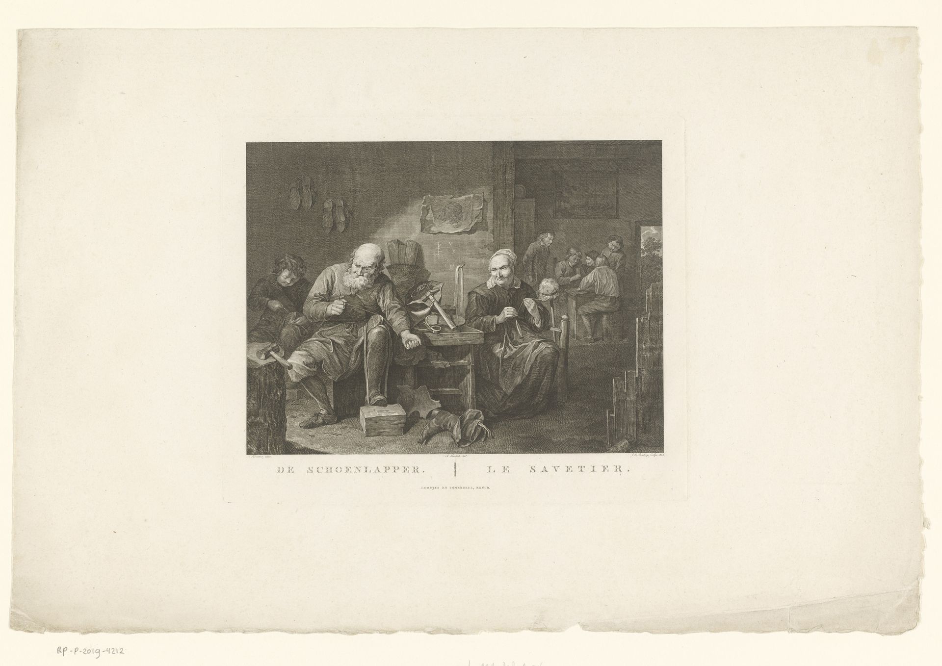 Schoenmaker in werkplaats en spinnende vrouw by Johannes Christiaan Bendorp