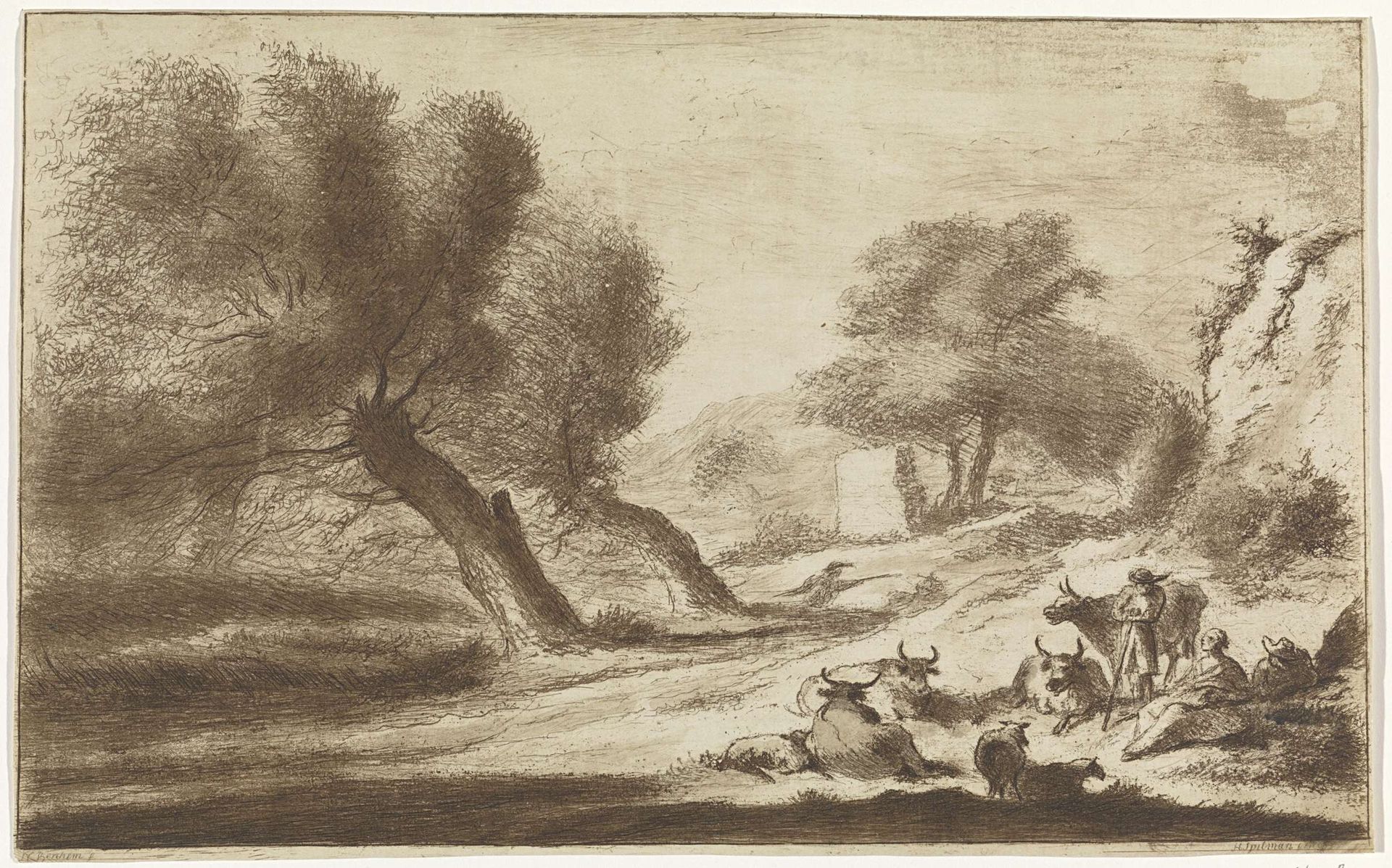 Landschap met rustende herders en vee by Hendrik Spilman