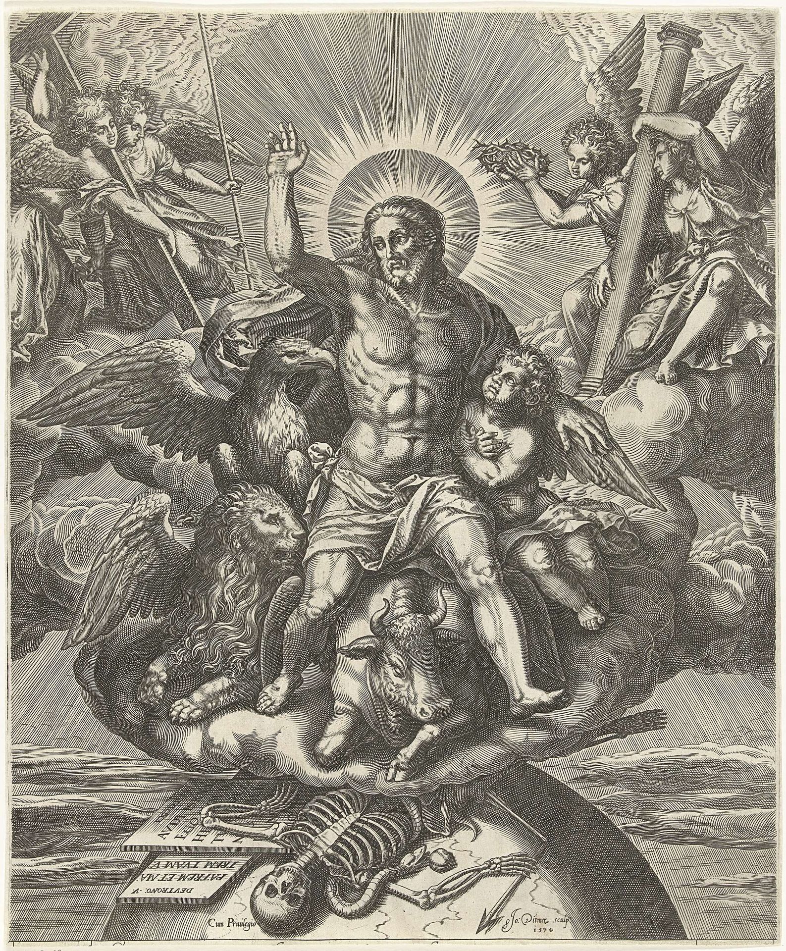 Christus in de wolken met symbolen van evangelisten by Jan Ditmaer