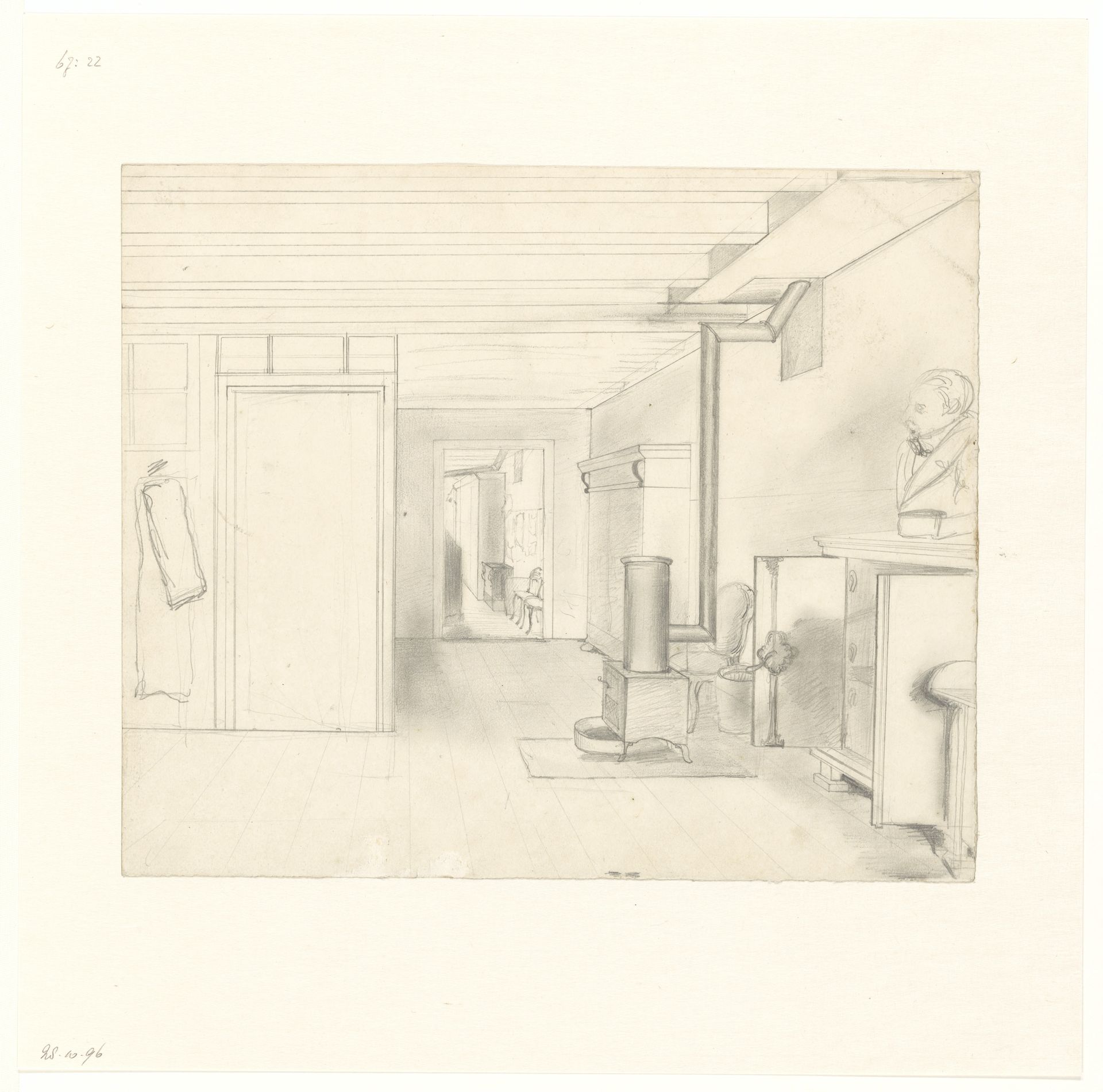 Interieur met kachel en een borstbeeld op een kastje by Albertus Brondgeest