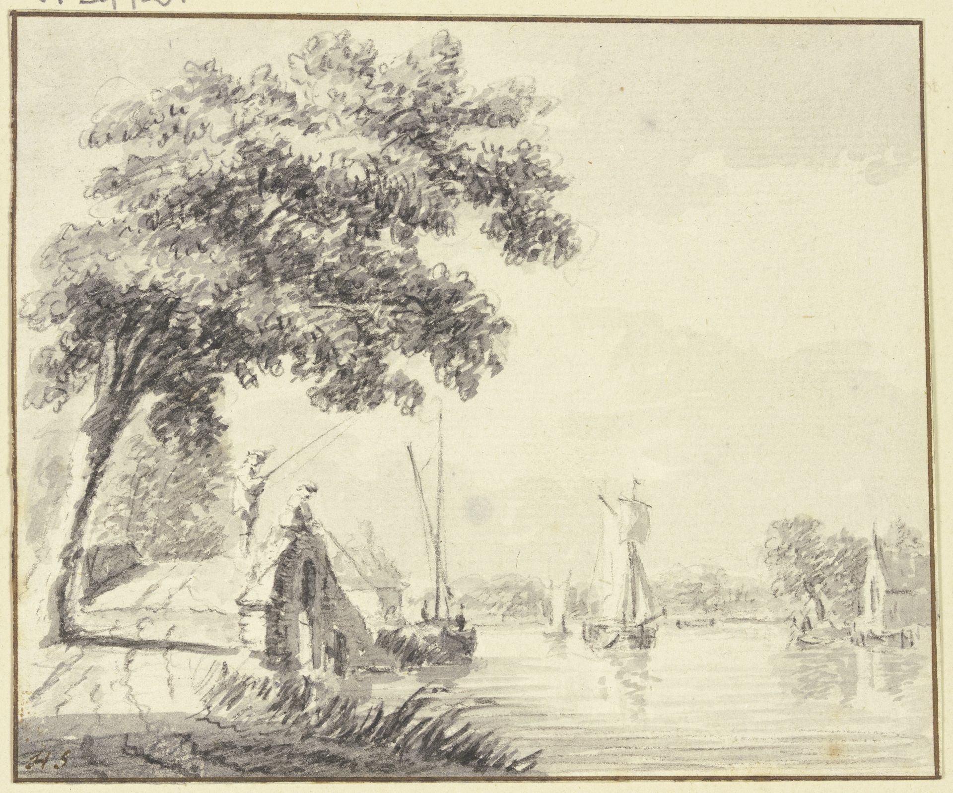 Steinerne Brücke mit zwei Anglern bei einem Fluß by Hendrik Spilman