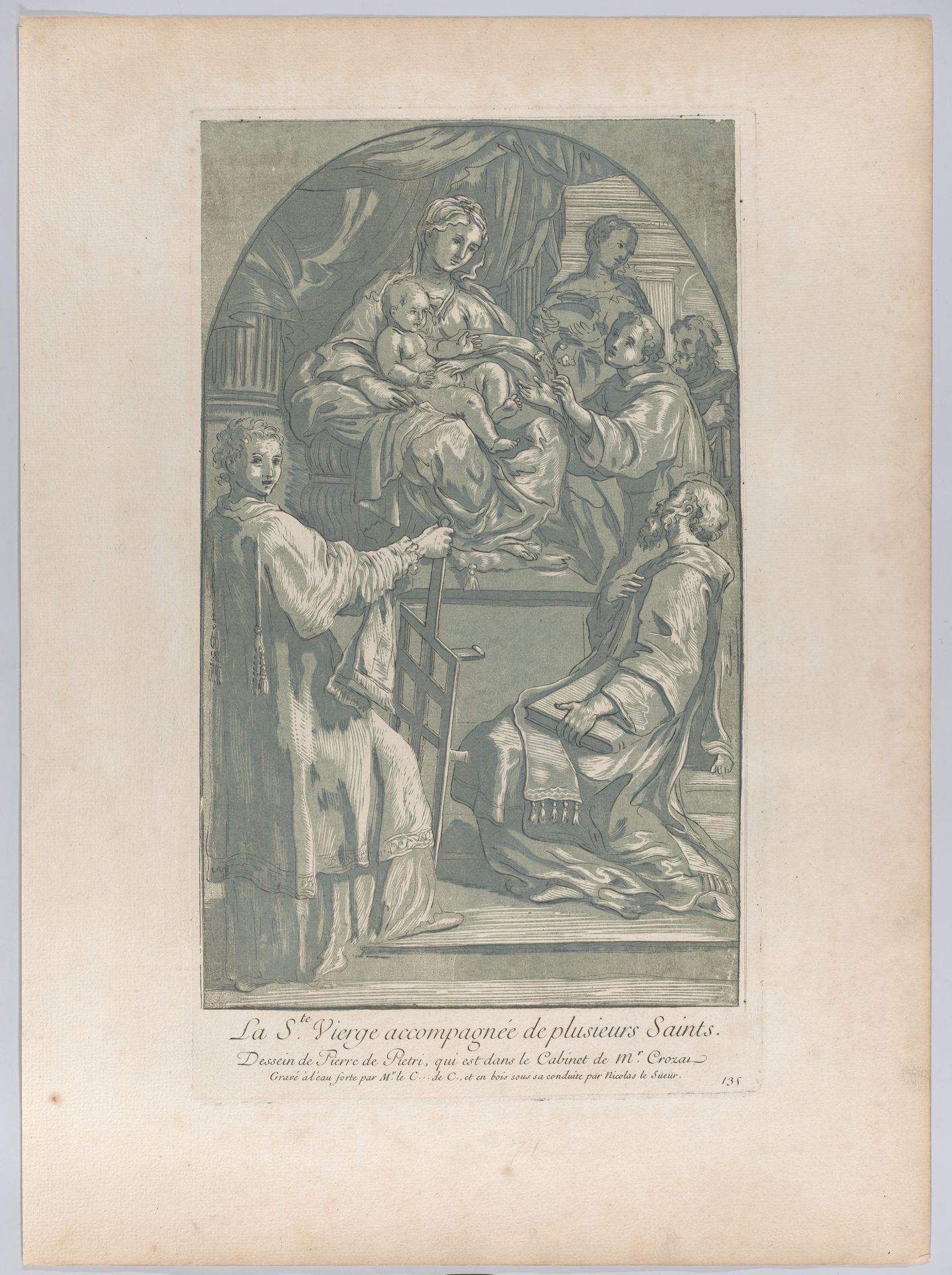 The Virgin and Child seated on a pedestal at center, to the right a monk offers a flower, and in the foreground a saint kneels before them while Saint Lawrence rests his hands on a gridiron; from 'Recueil d'estampes d'après les plus beaux tableaux et d'après les plus beaux desseins qui sont en France, Cabinet Crozat' after a drawing by Pietro Antonio de' Pietri by Anne Claude Philippe Caylus