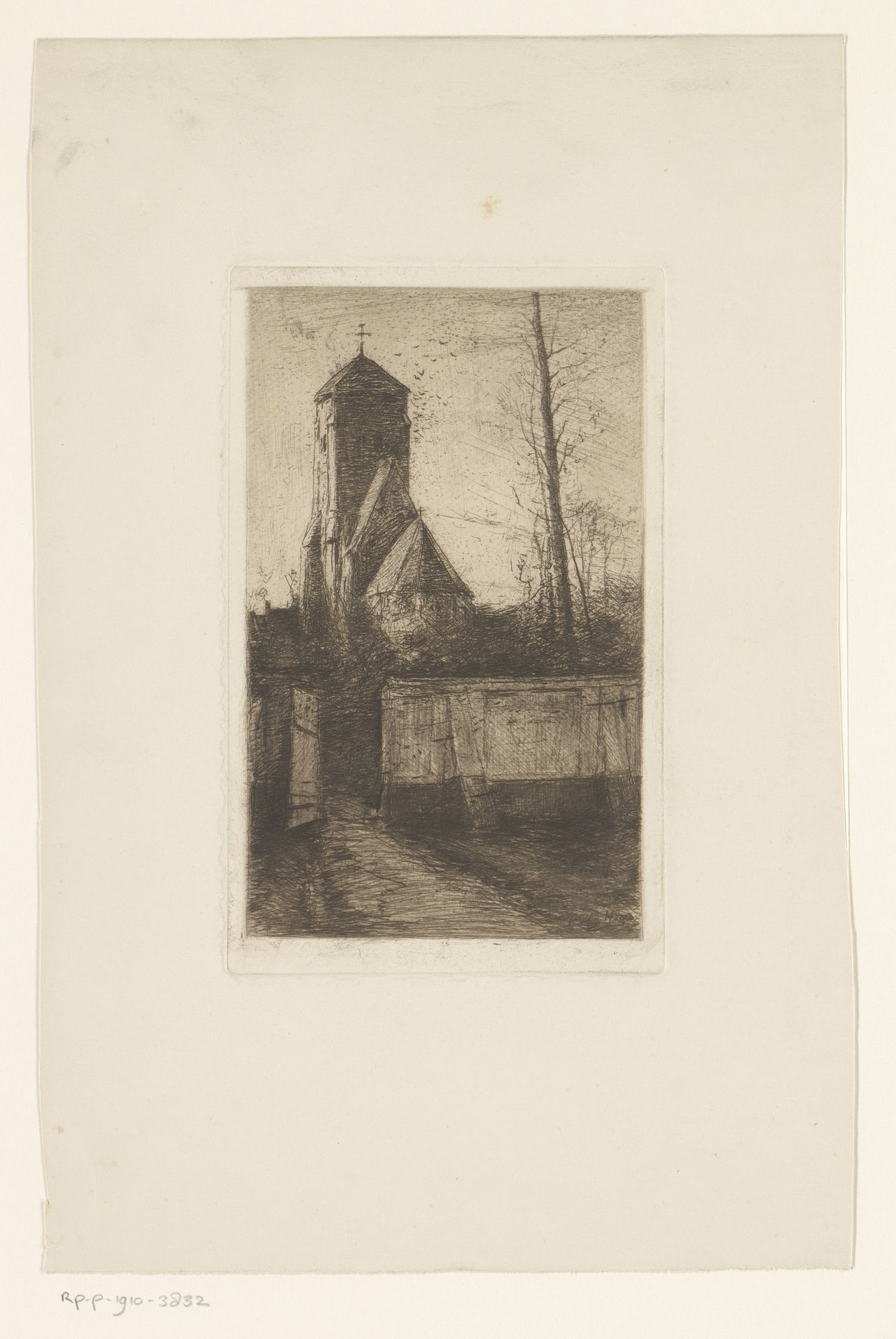 Gezicht op een kerk met poort op de voorgrond by Frans Hens
