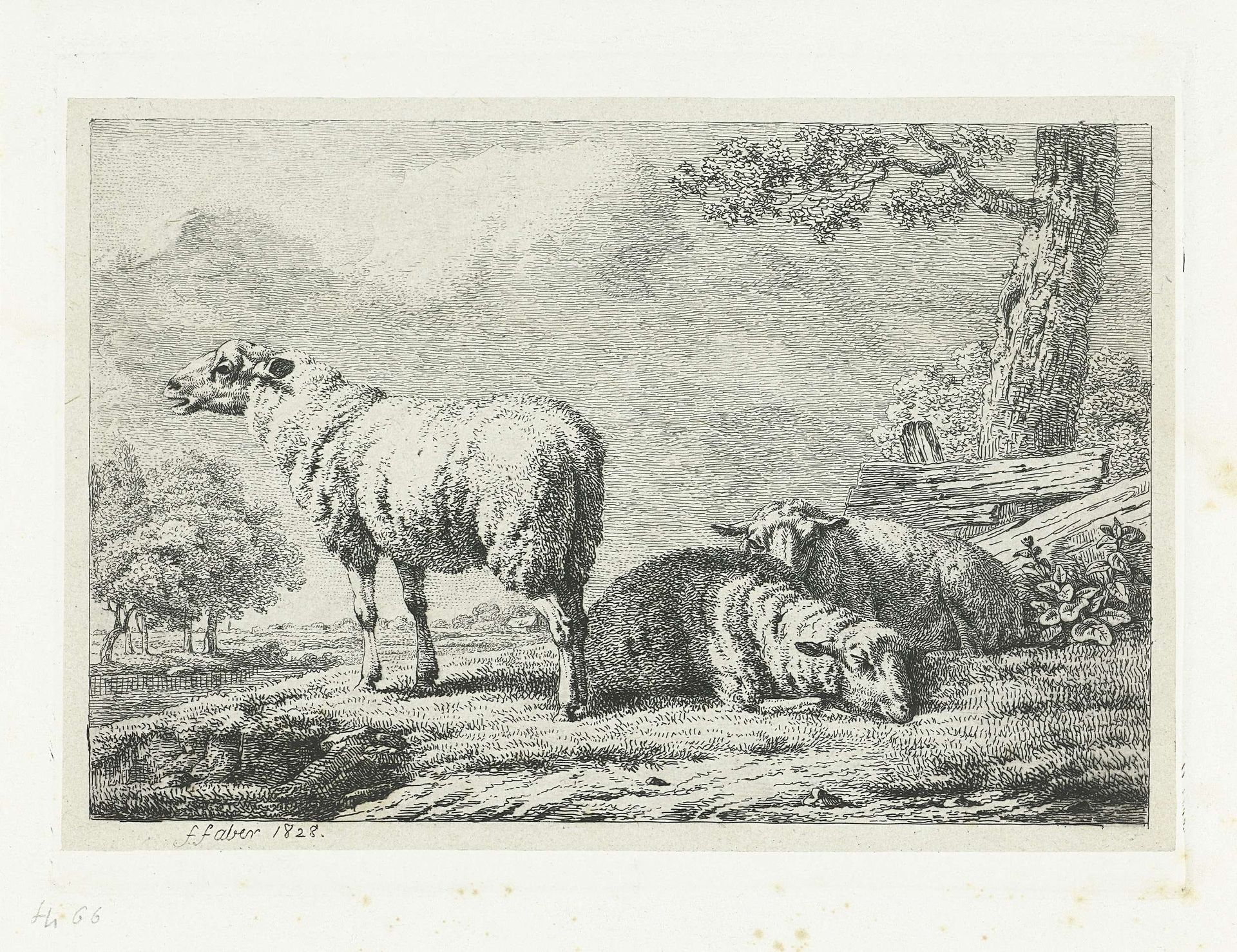 Drie schapen bij een hek by Frédéric Théodore Faber