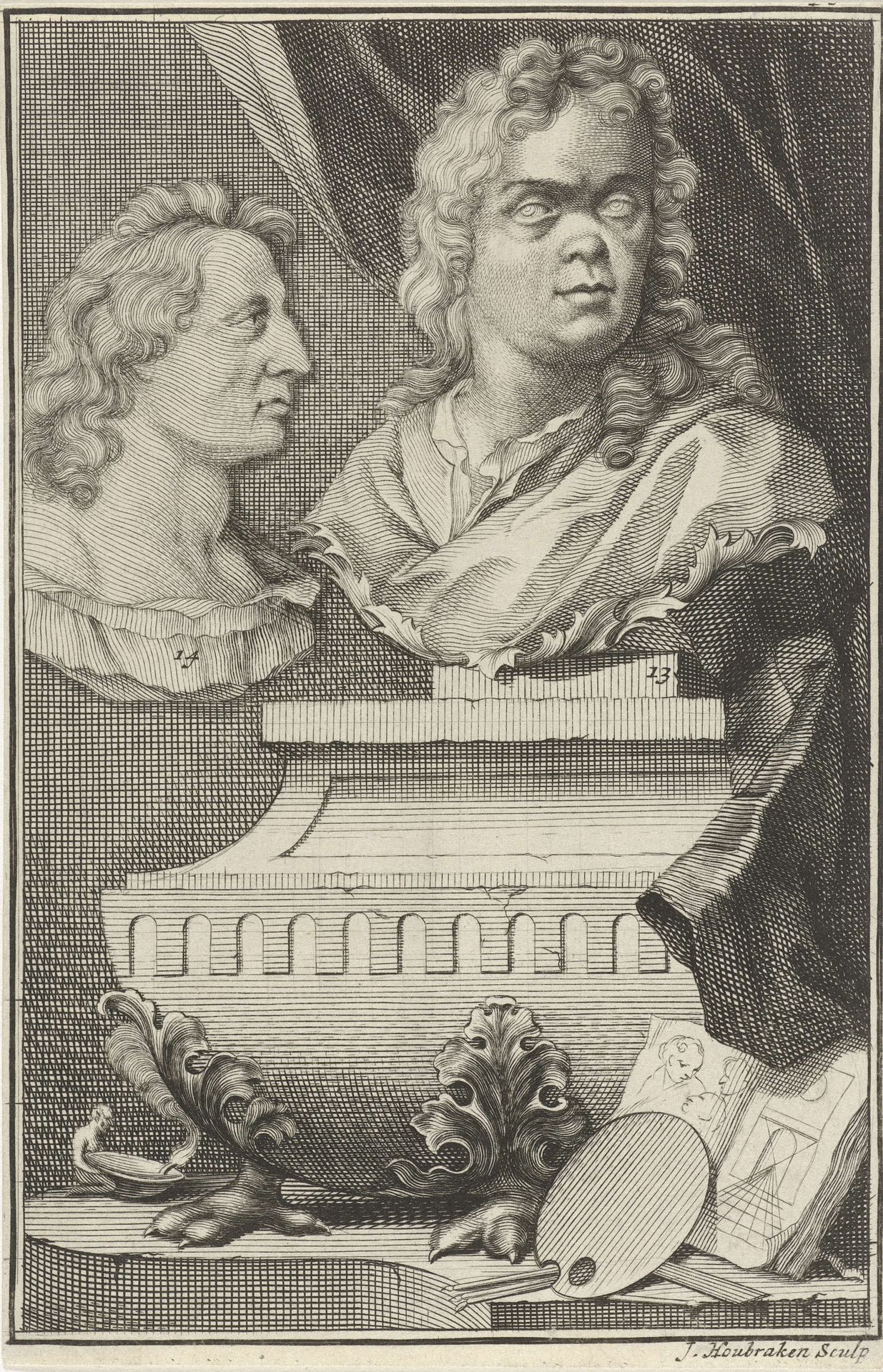 Bustes van Gerard de Lairesse en Albert Flamen by Jacob Houbraken
