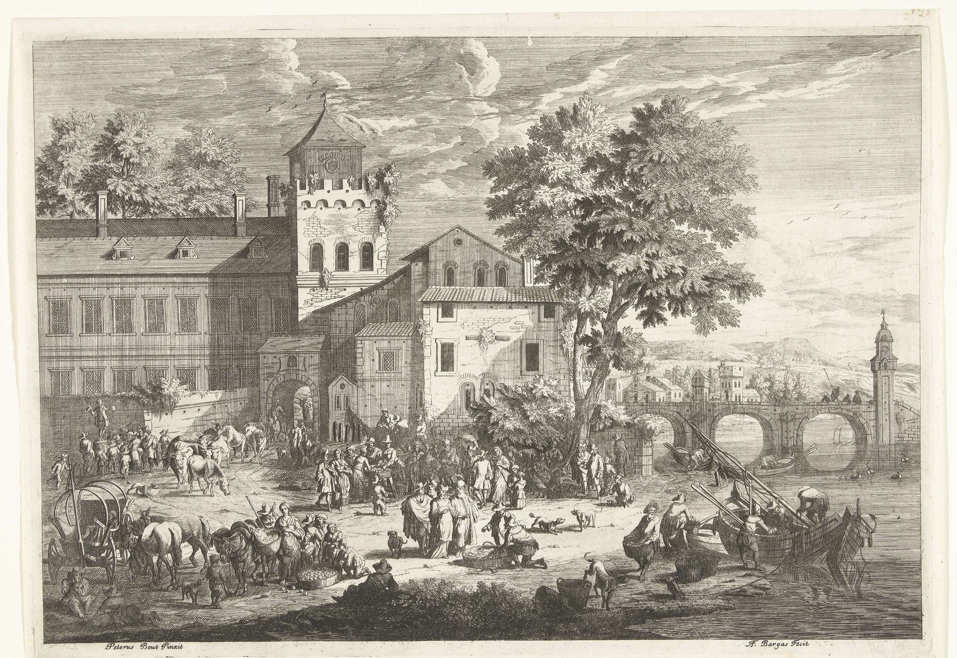 Stadsgezicht met markt voor stadspoort by Franciscus de Bargas