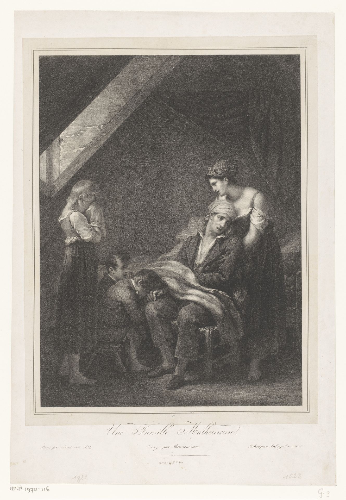Vrouw en kinderen treurend rond zieke man by Hyacinthe-Louis-Victor-Jean-Baptiste Aubry-Lecomte