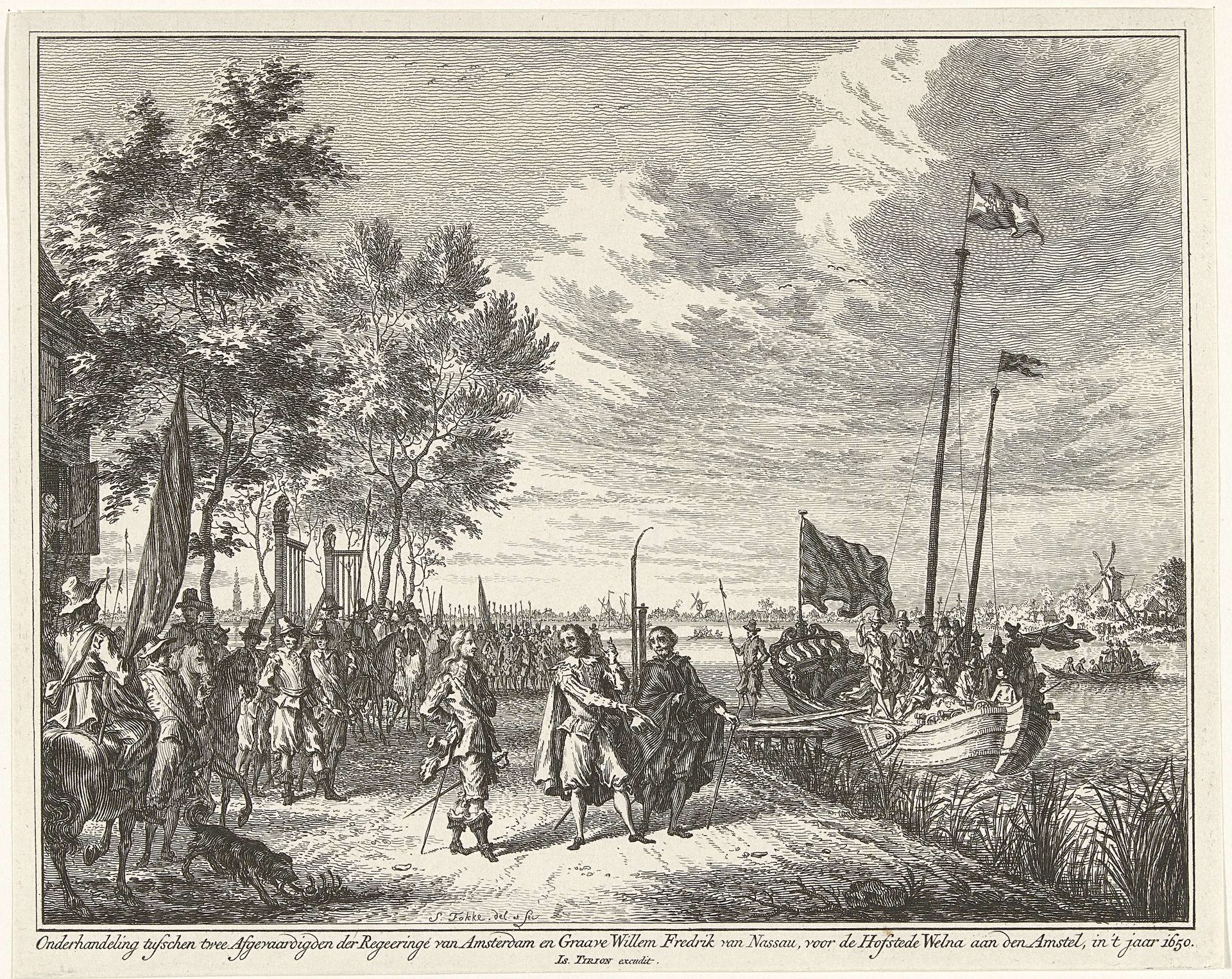 Onderhandeling tussen afgevaardigden van Amsterdam en graaf Willem Frederik bij Hofstede Welna aan de Amstel, 1650 by Simon Fokke