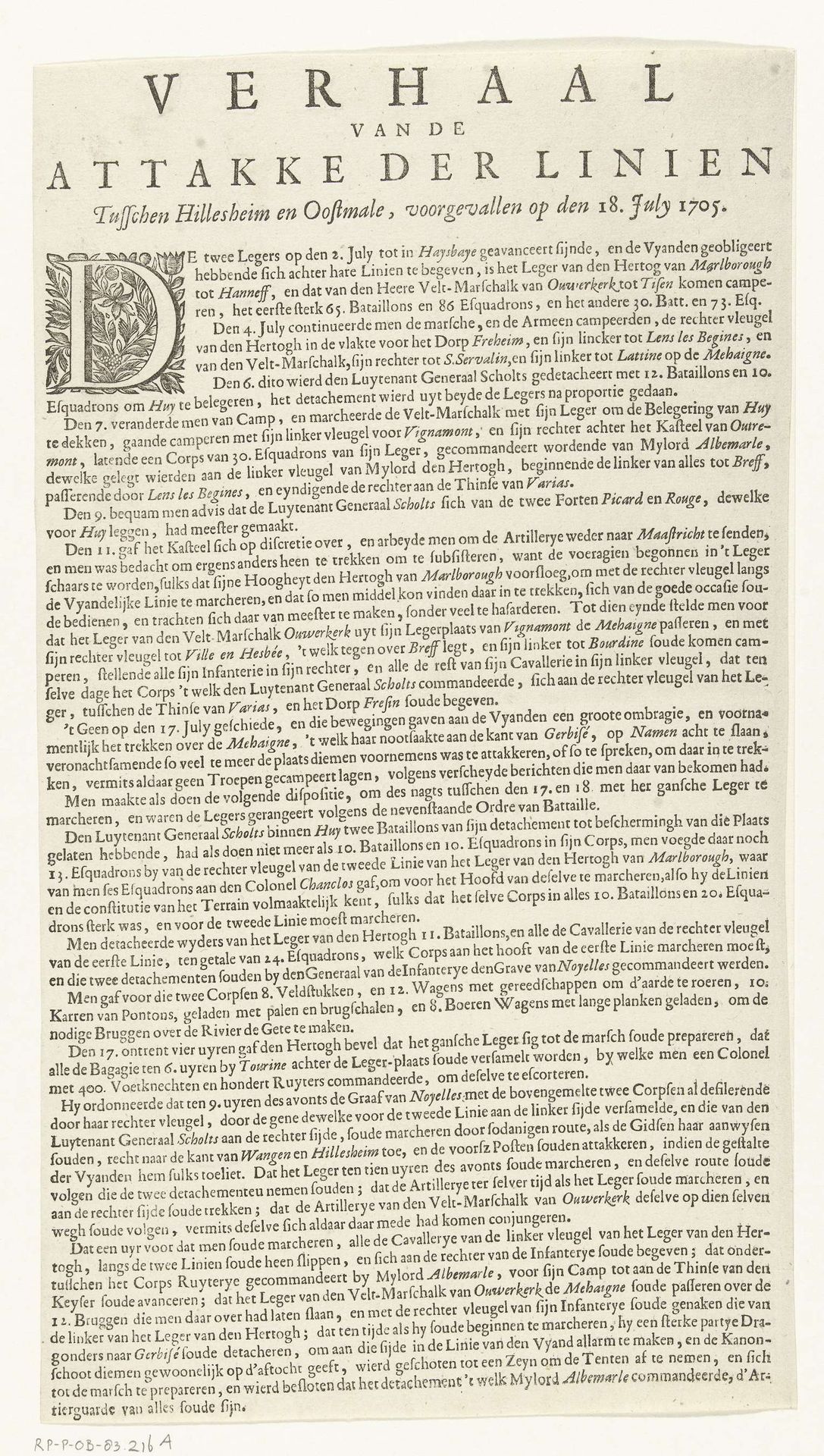 Tekstblad bij de kaart van het doorbreken van de Franse linies in Brabant (linkerhelft), 1705 by Anna Beeck