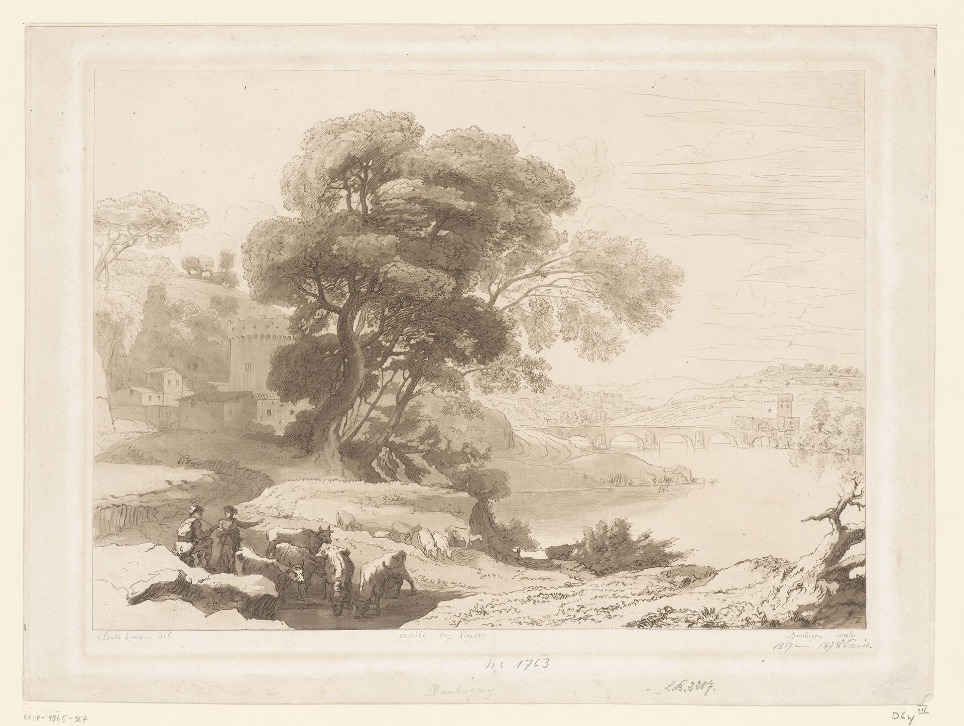 Landschap met herders en vee aan de rand van een rivier by Charles François Daubigny