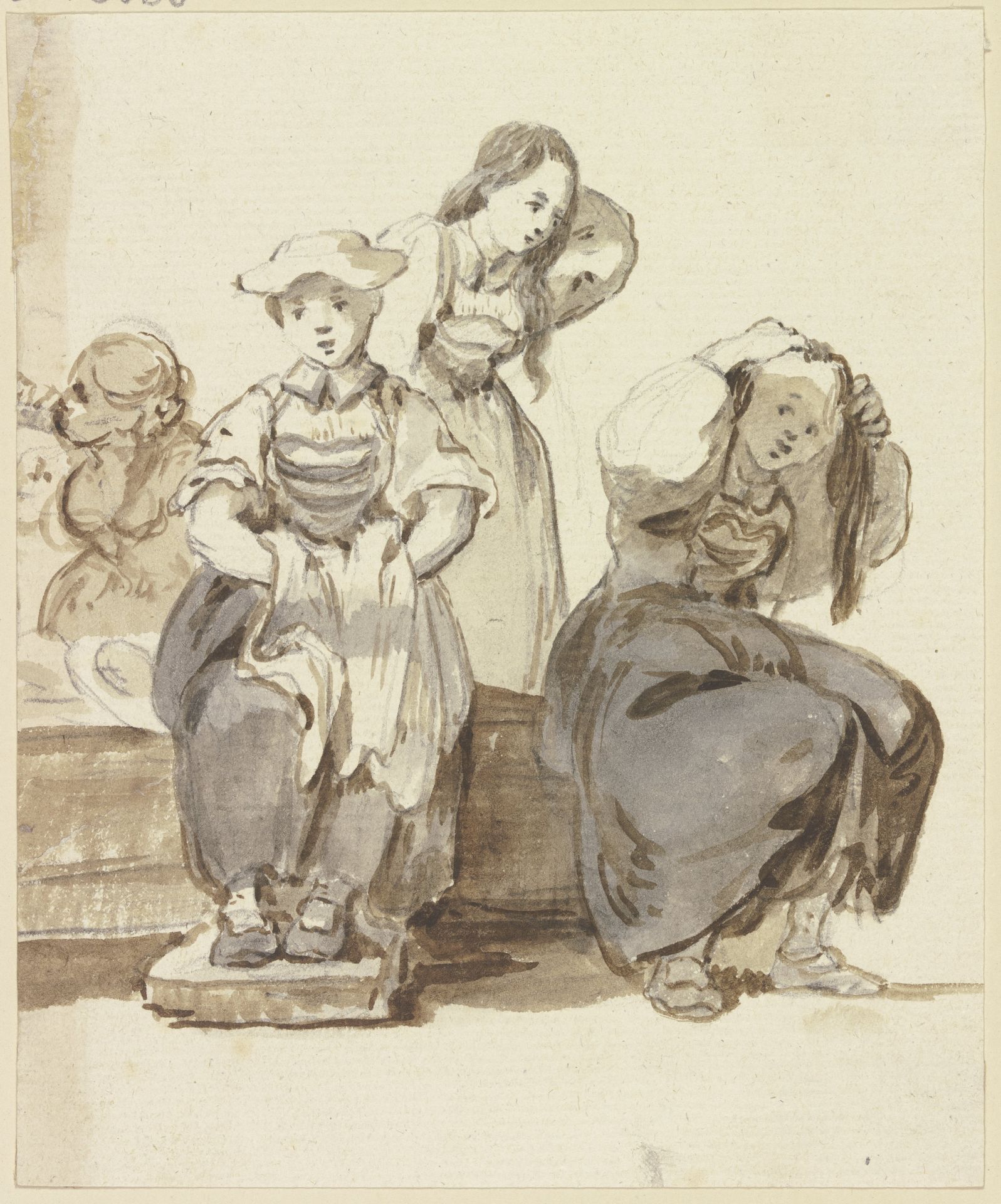 Vier junge Mädchen bei einem Brunnen, zwei von ihnen ordnen sich die Haare by Georg Melchior Kraus