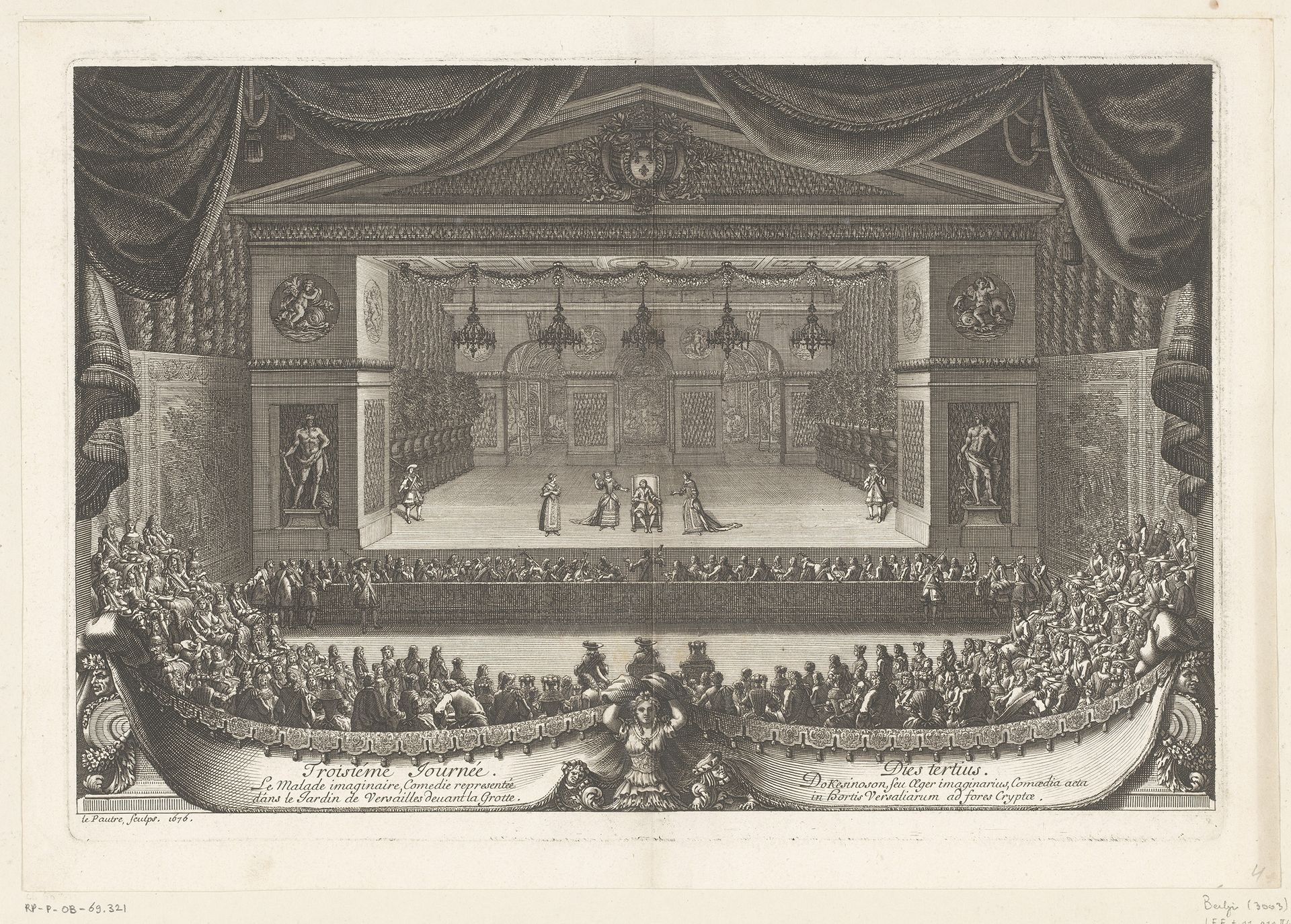 Opvoering van 'Le Malade Imaginaire' door Molière in de tuin van Versailles by Jean Lepautre
