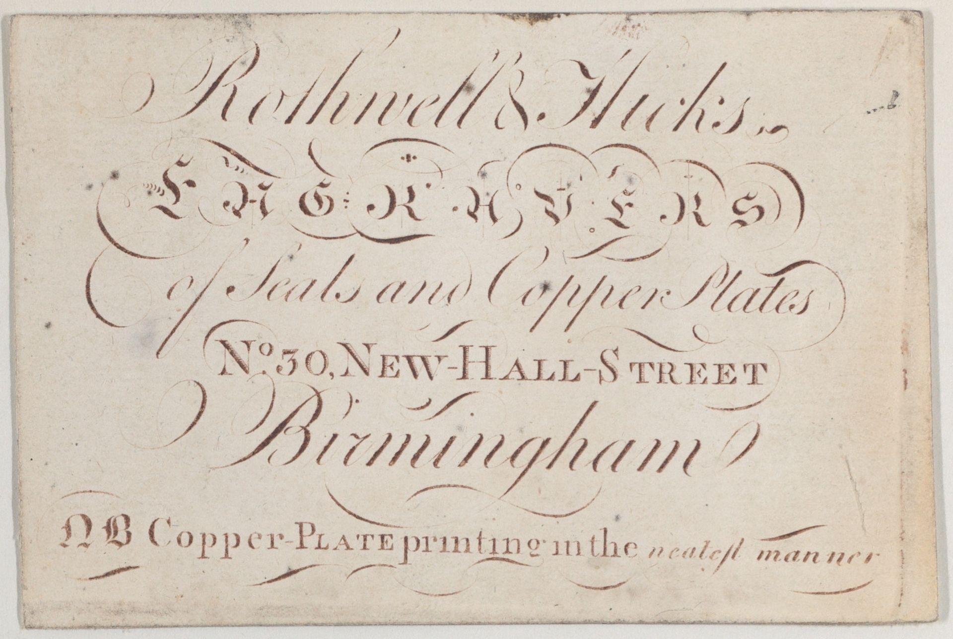Trade Card for Rothwell & Hicks, engravers by Anonymous