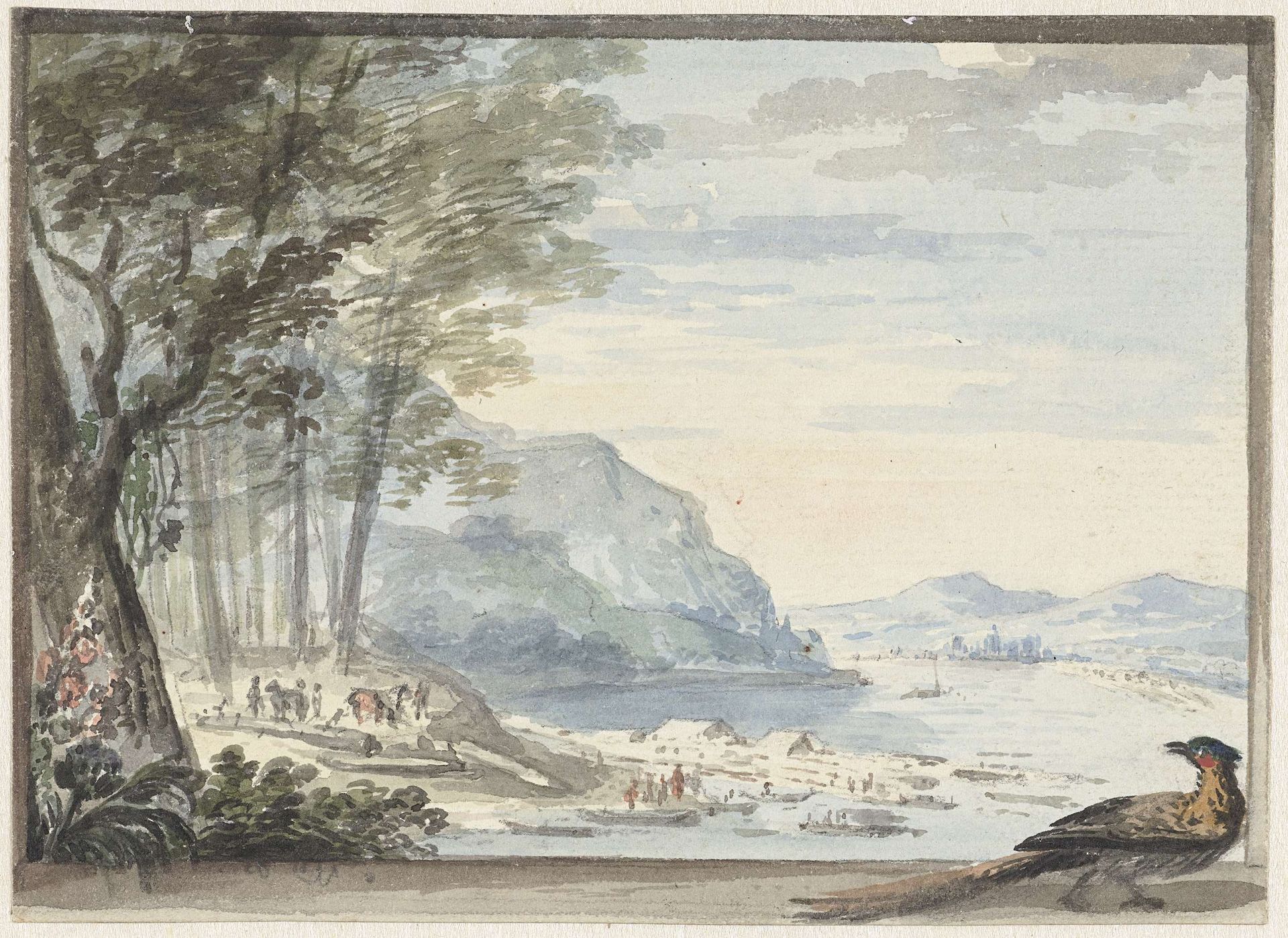 Rivierlandschap met op de voorgrond een hoen by Aert Schouman