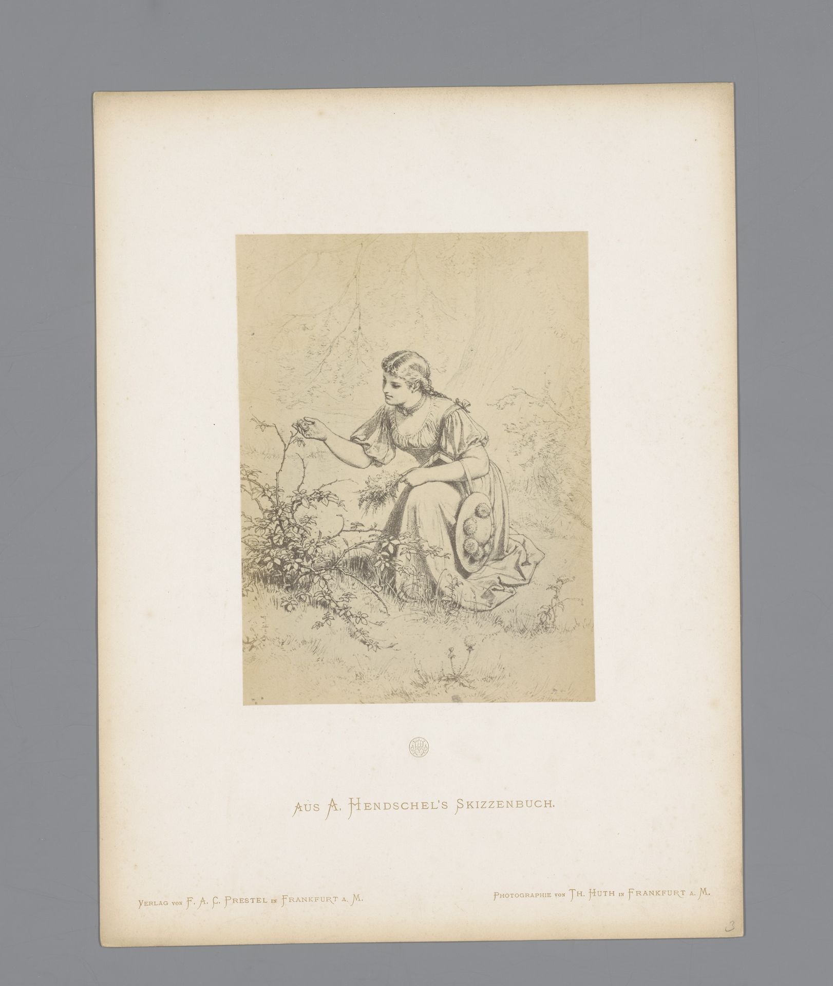 Fotoreproductie van een schets van een meisje dat bloemen plukt door Albert Hendschel by Theodor Huth
